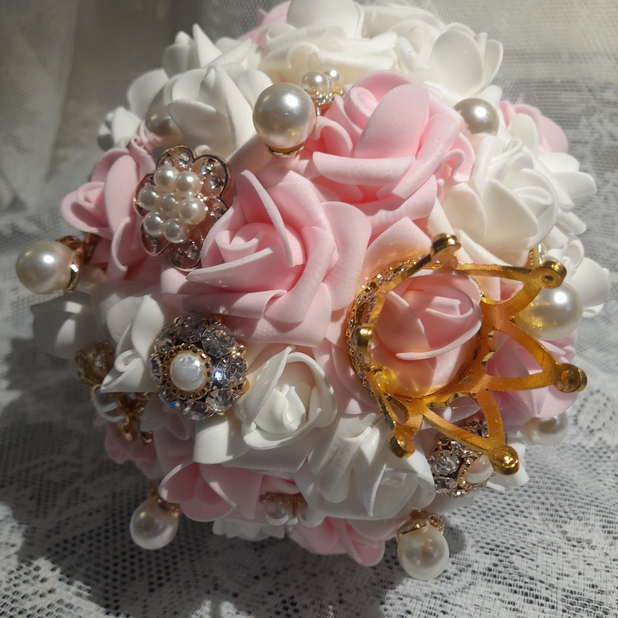 Pink Brooch Bridal Bouquet: Artificial Flower Sparkle