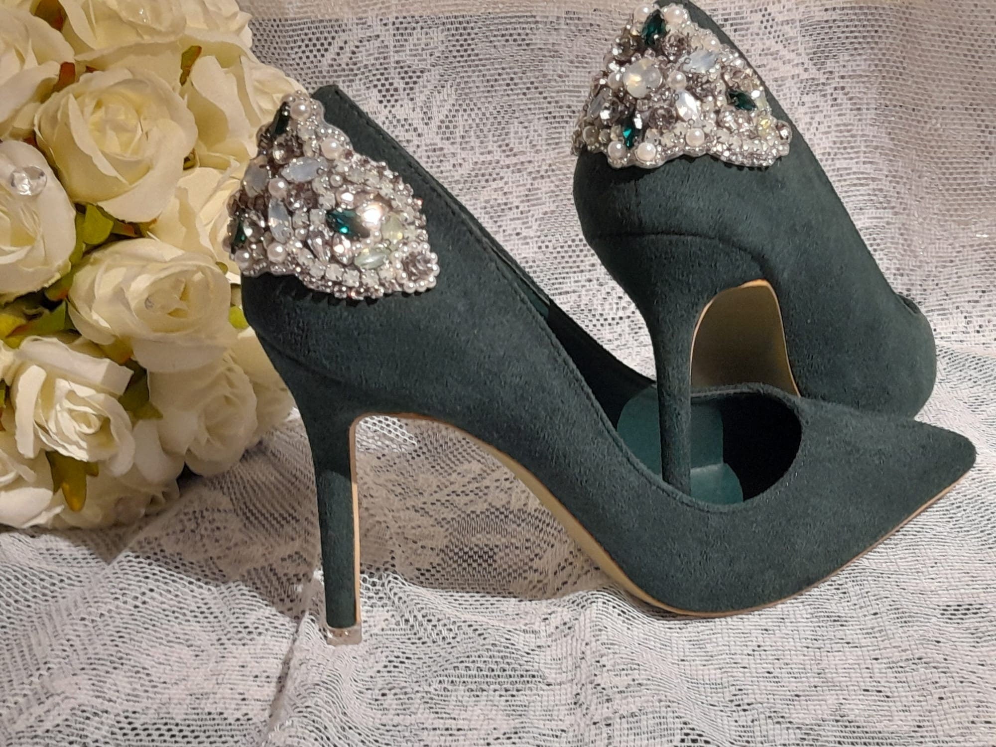 Forest Green Shoes,Decorated Wedding Heels,Shoes For Bridesmaid