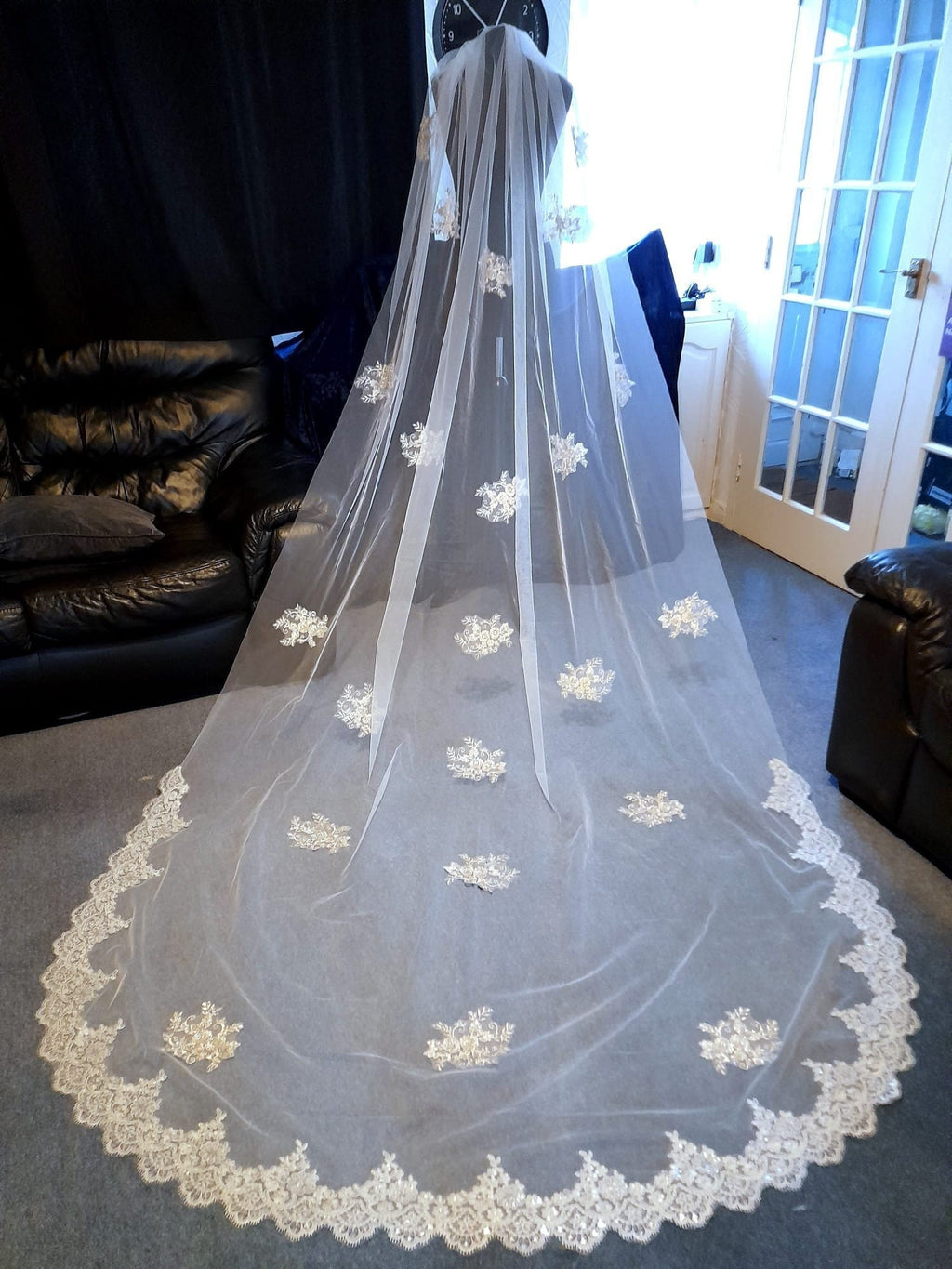 Off-White Cathedral Wedding Veil: Silver Applique, With Comb