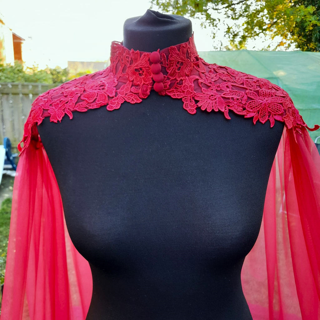 Wine Red Bridal Cape Veil: Gothic Lace High Neck Wedding Cloak