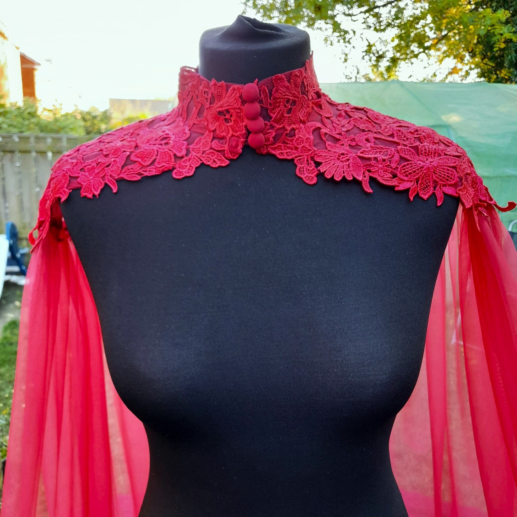 Wine Red Bridal Cape Veil: Gothic Lace High Neck Wedding Cloak