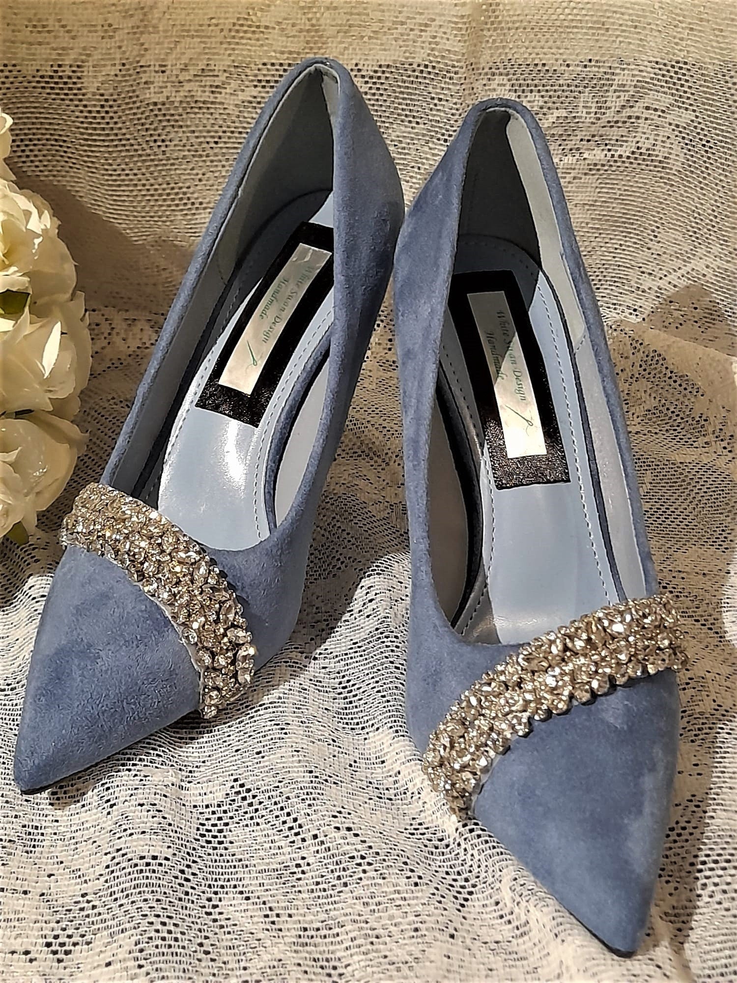 Suede Something Blue Shoes,Decorated Wedding Heels,Shoes For Bridesmaid