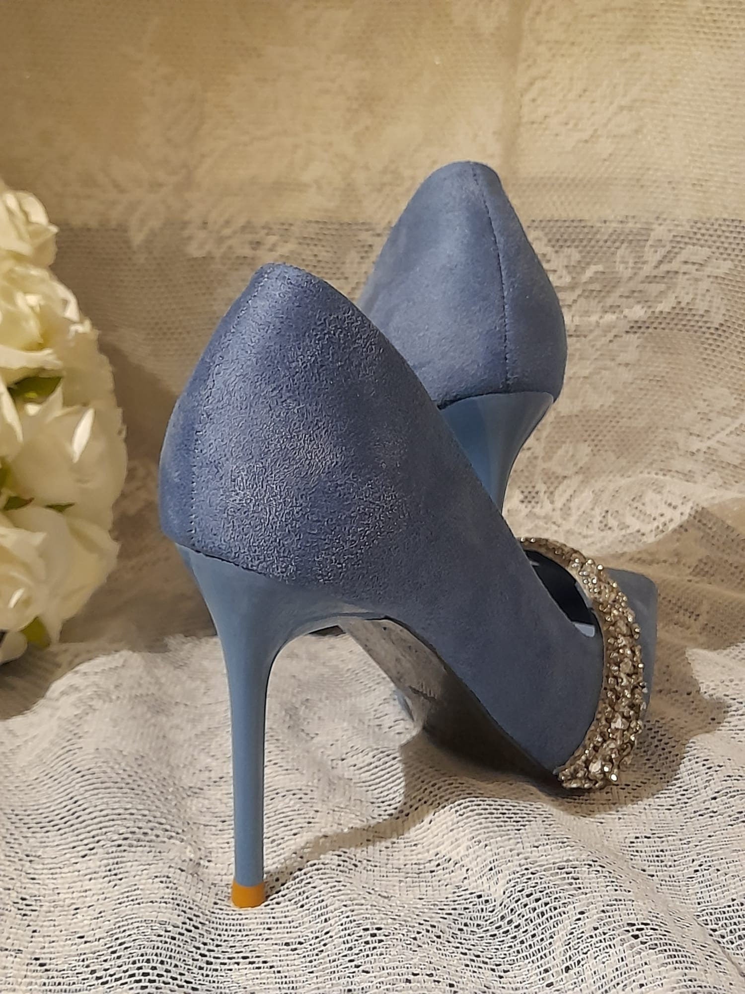 Suede Something Blue Shoes,Decorated Wedding Heels,Shoes For Bridesmaid