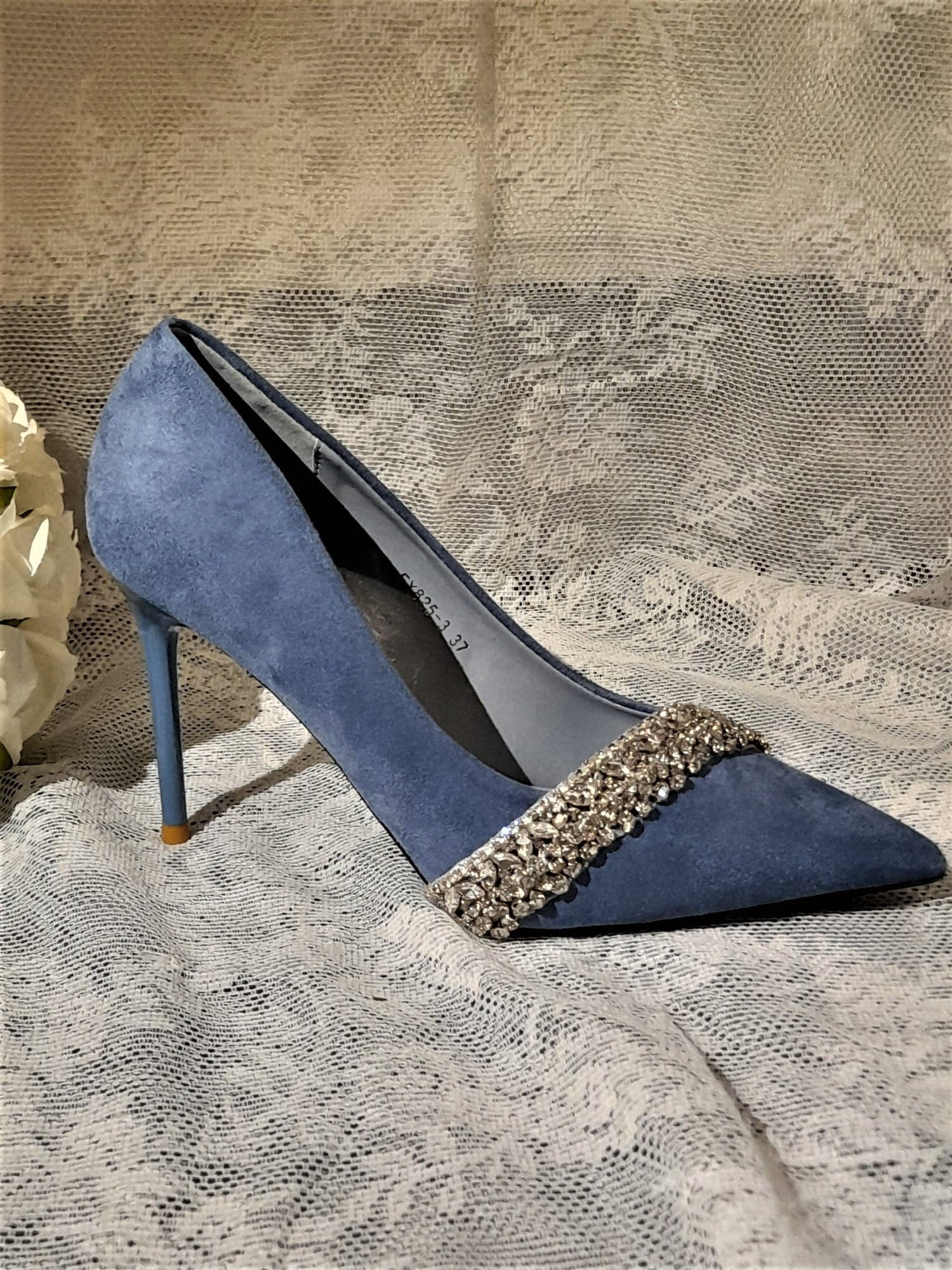 Suede Something Blue Shoes,Decorated Wedding Heels,Shoes For Bridesmaid