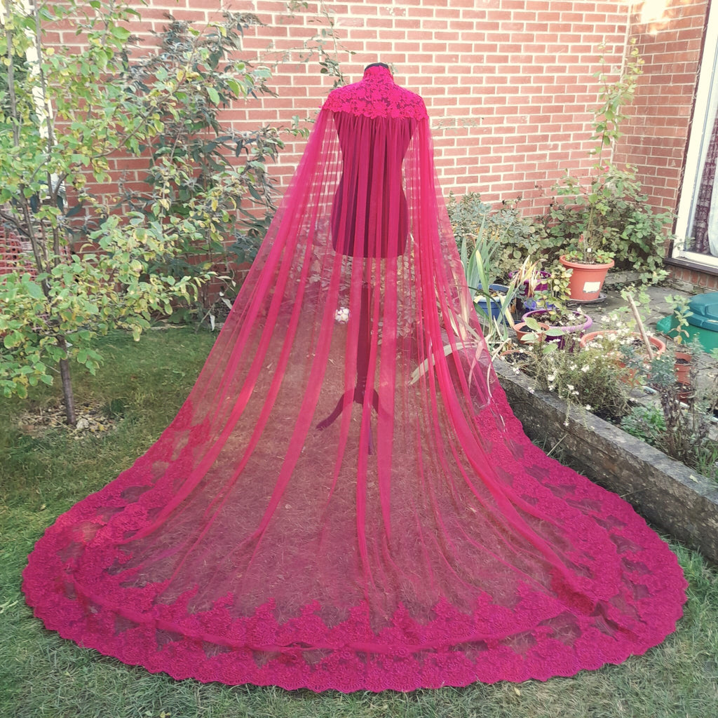 Wine Red Bridal Cape Veil: Gothic Lace High Neck Wedding Cloak