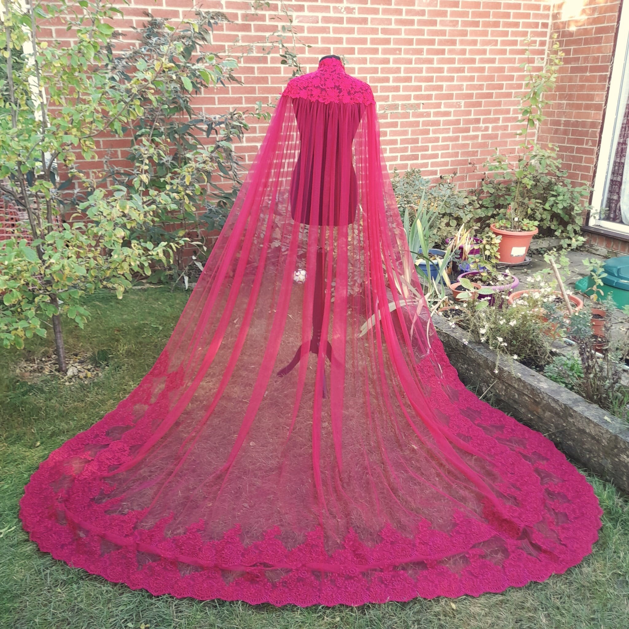 Wine Red Bridal Cape Veil: Gothic Lace High Neck Wedding Cloak