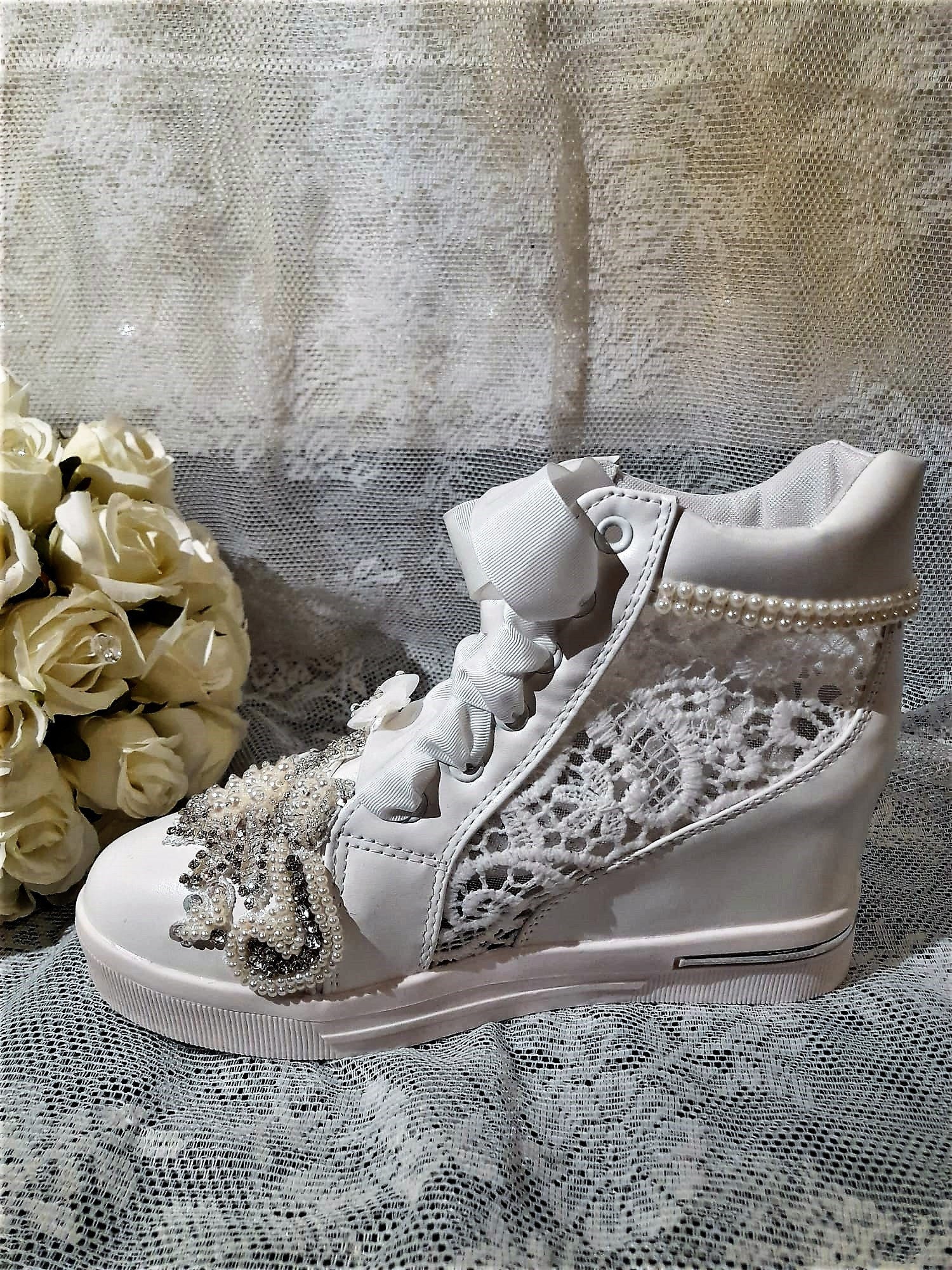White Bridal Shoes,Wedding Wedges,Decorated Sneakers