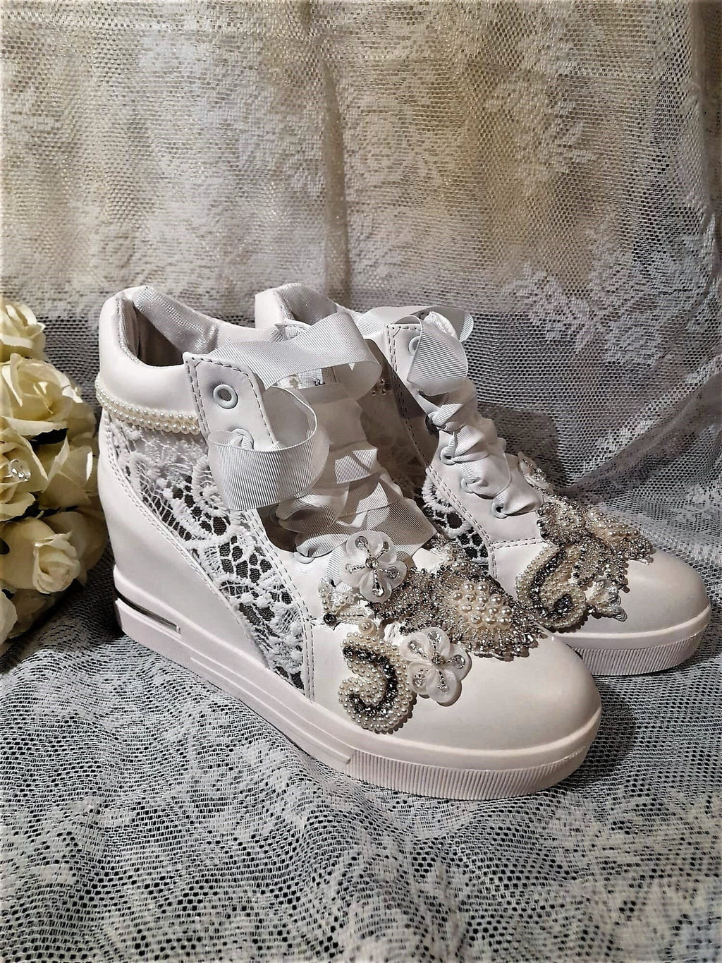 White Bridal Shoes,Wedding Wedges,Decorated Sneakers