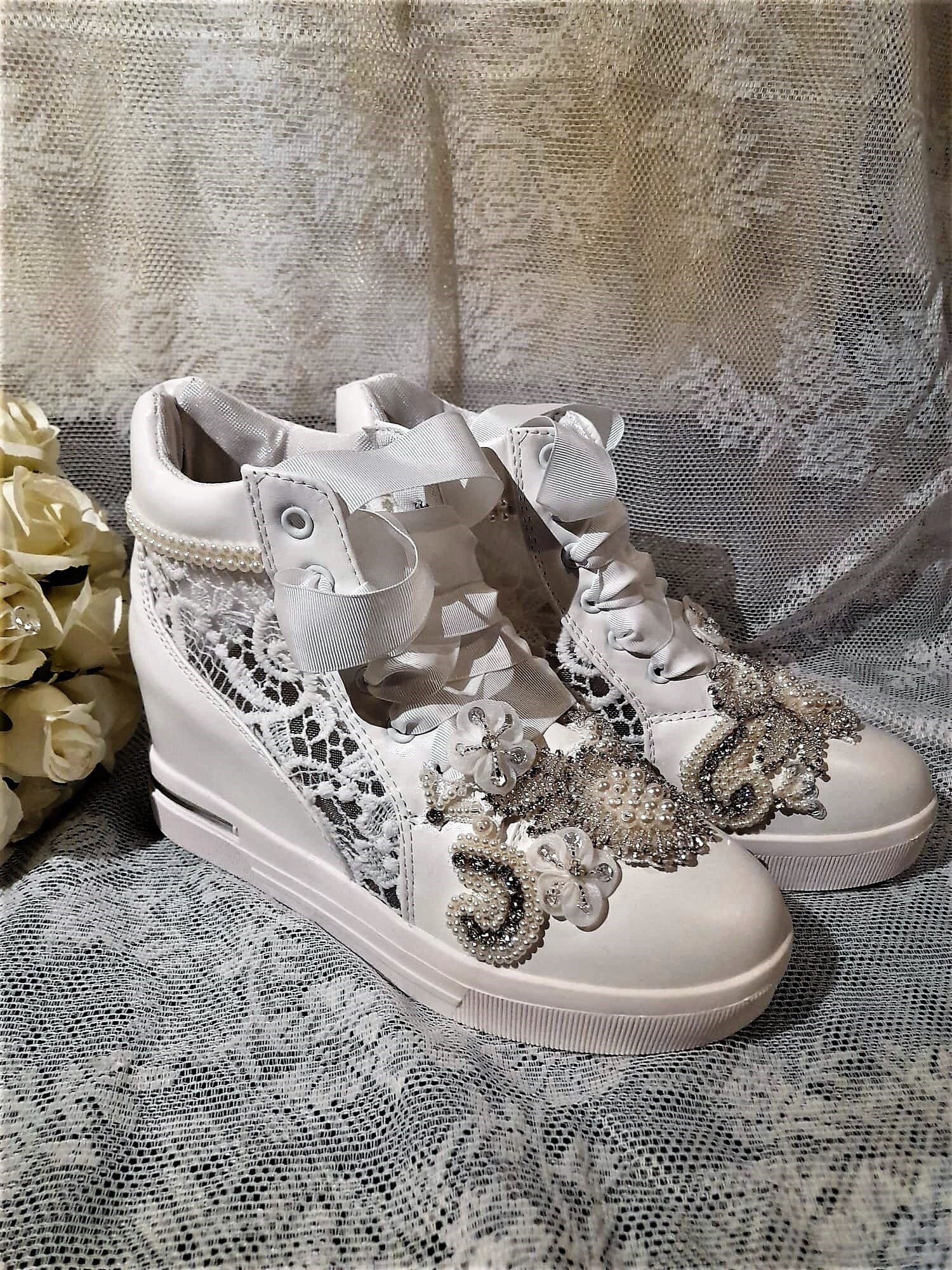 White Bridal Shoes,Wedding Wedges,Decorated Sneakers
