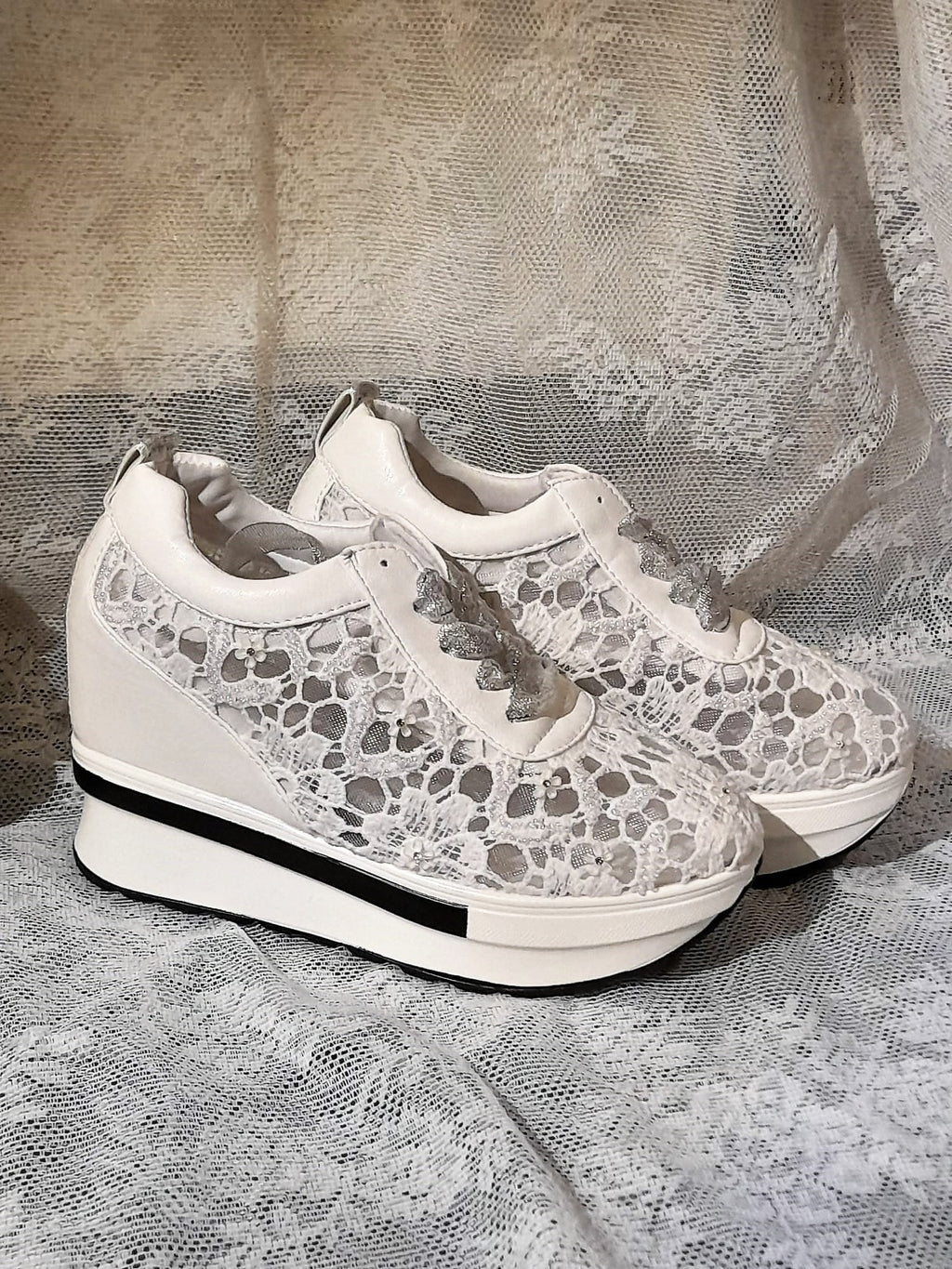 White Wedding Shoes,Embroidered Sneakers,Decoraited Bridal Trainers