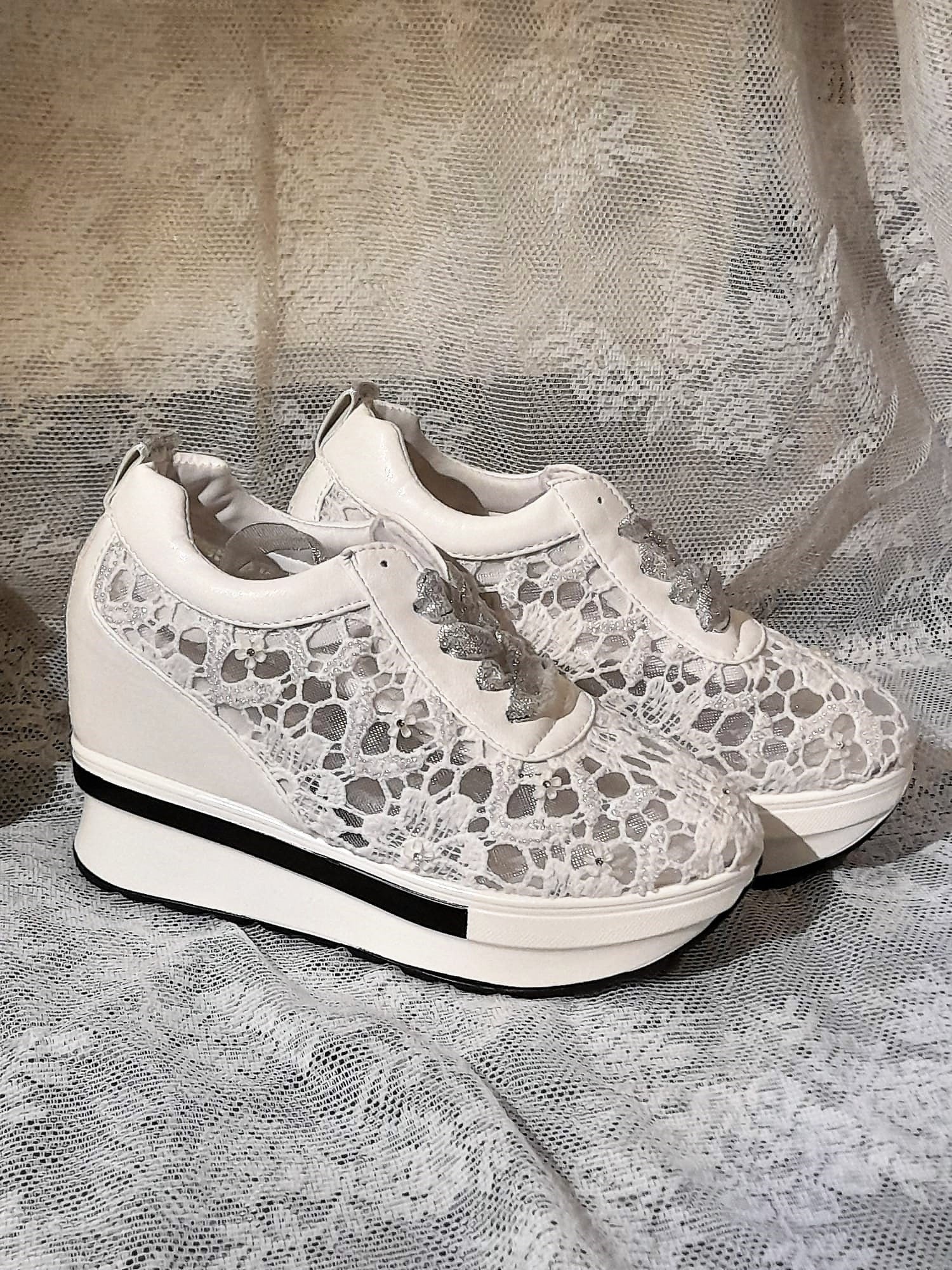 White Wedding Shoes,Embroidered Sneakers,Decoraited Bridal Trainers
