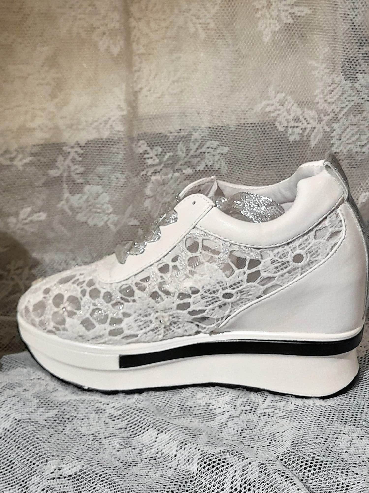 White Wedding Shoes,Embroidered Sneakers,Decoraited Bridal Trainers