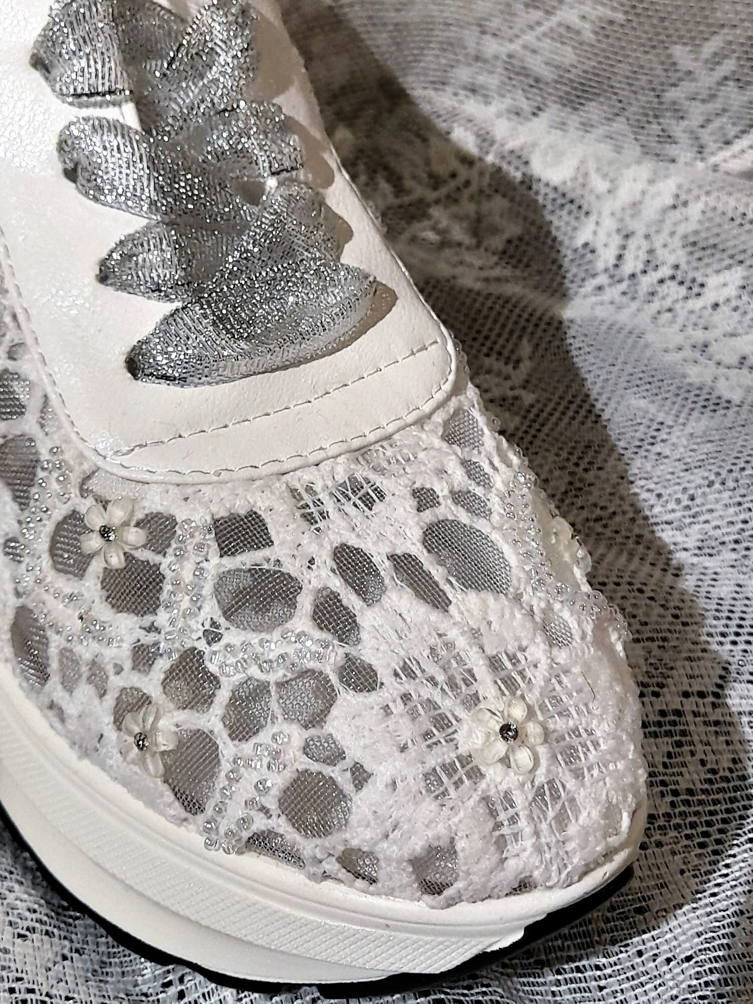 White Wedding Shoes,Embroidered Sneakers,Decoraited Bridal Trainers