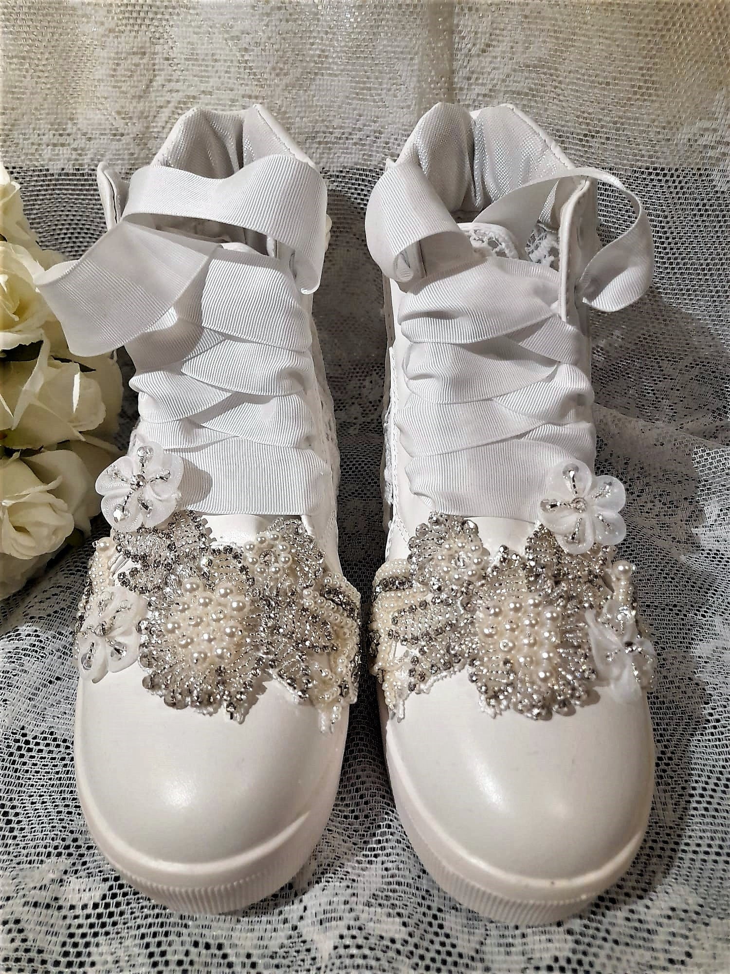 White Bridal Shoes,Wedding Wedges,Decorated Sneakers