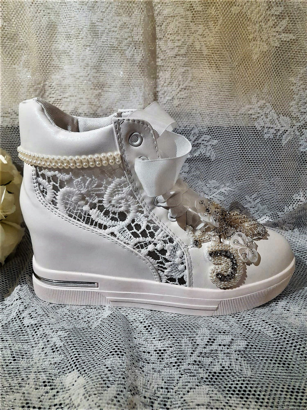 White Bridal Shoes,Wedding Wedges,Decorated Sneakers