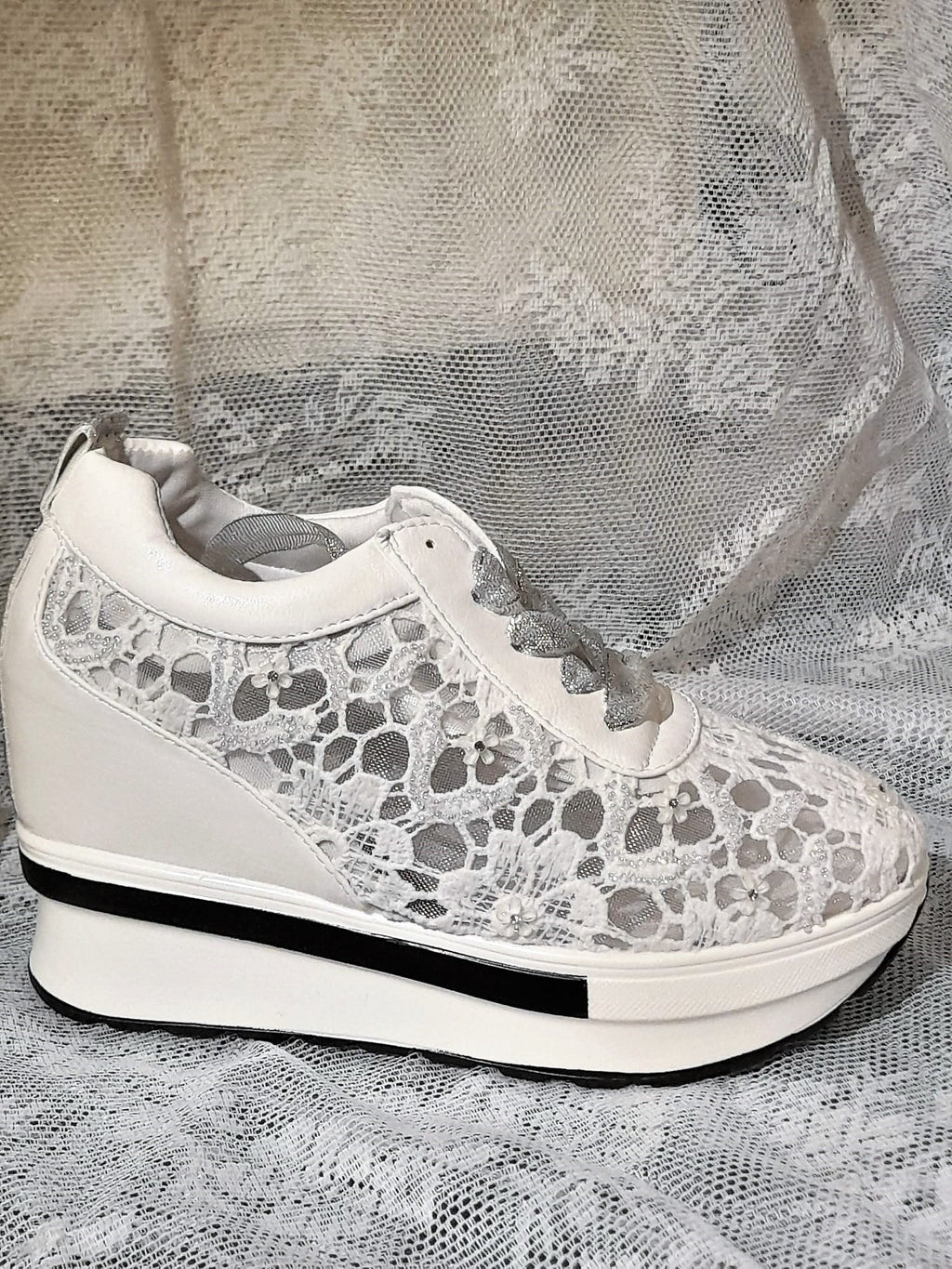 White Wedding Shoes,Embroidered Sneakers,Decoraited Bridal Trainers