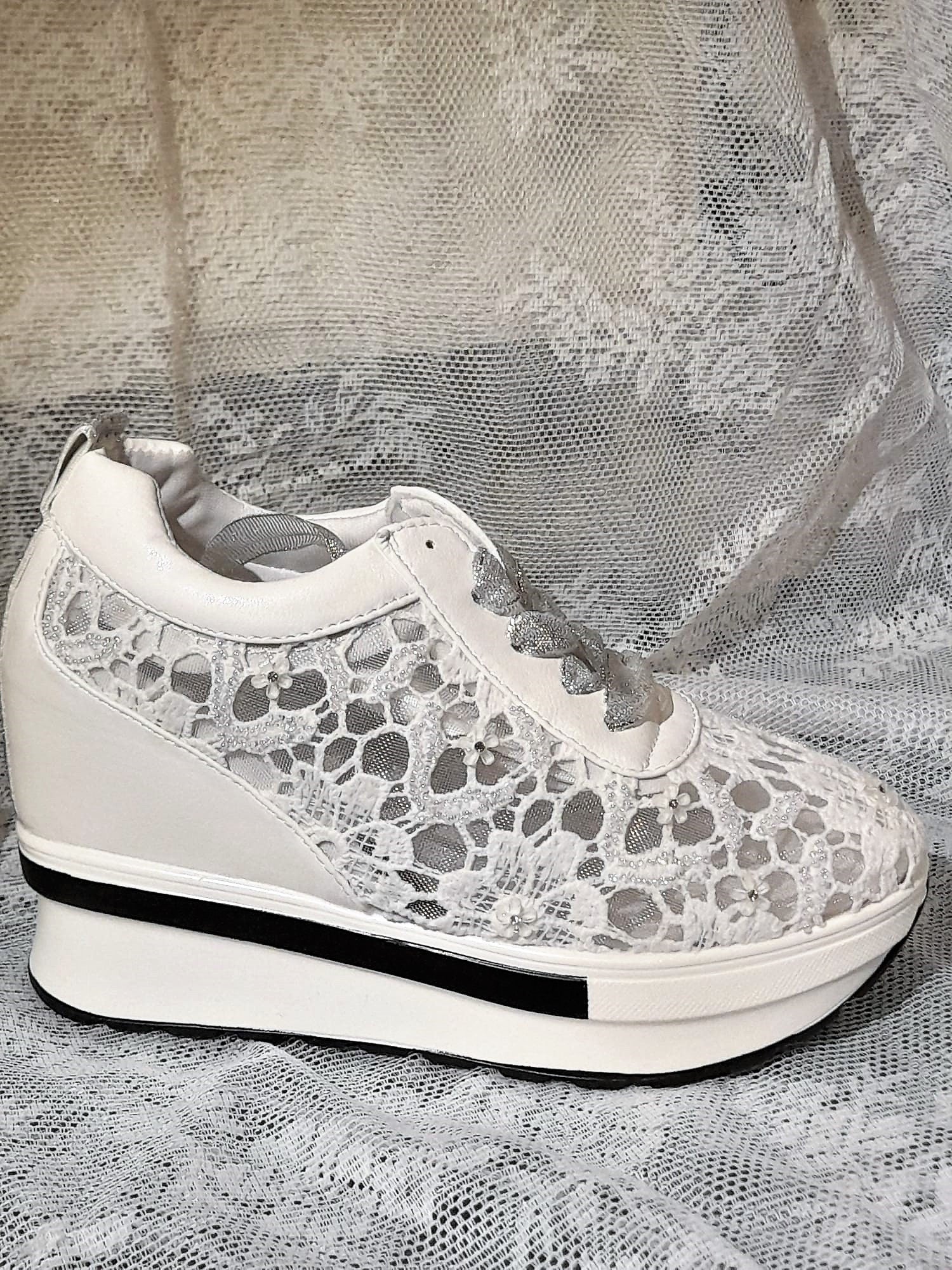 White Wedding Shoes,Embroidered Sneakers,Decoraited Bridal Trainers