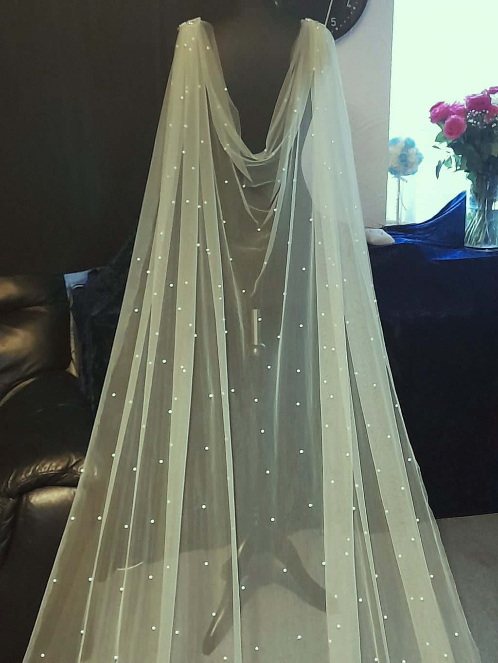 Sage Green Wedding Cape Veil with Pearls - Customizable Cathedral Wrap