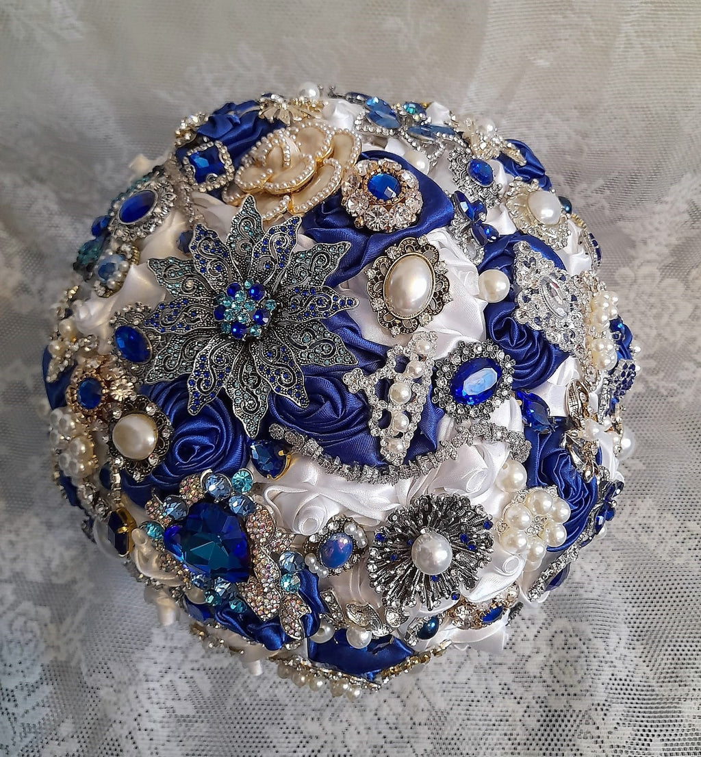 Royal Blue Brooch Wedding Bouquet: Something Blue Bridal Posy