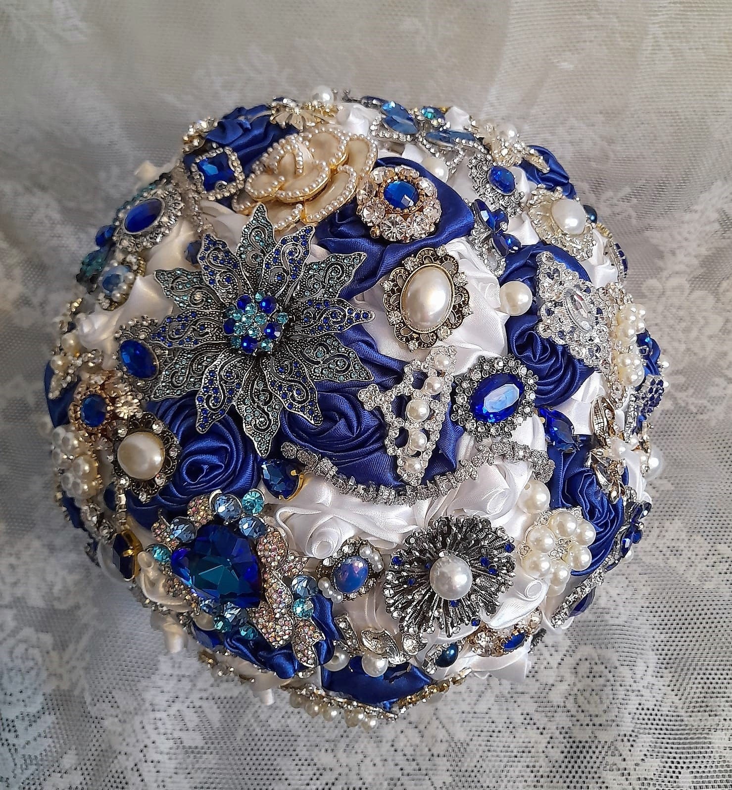 Royal Blue Brooch Wedding Bouquet: Something Blue Bridal Posy