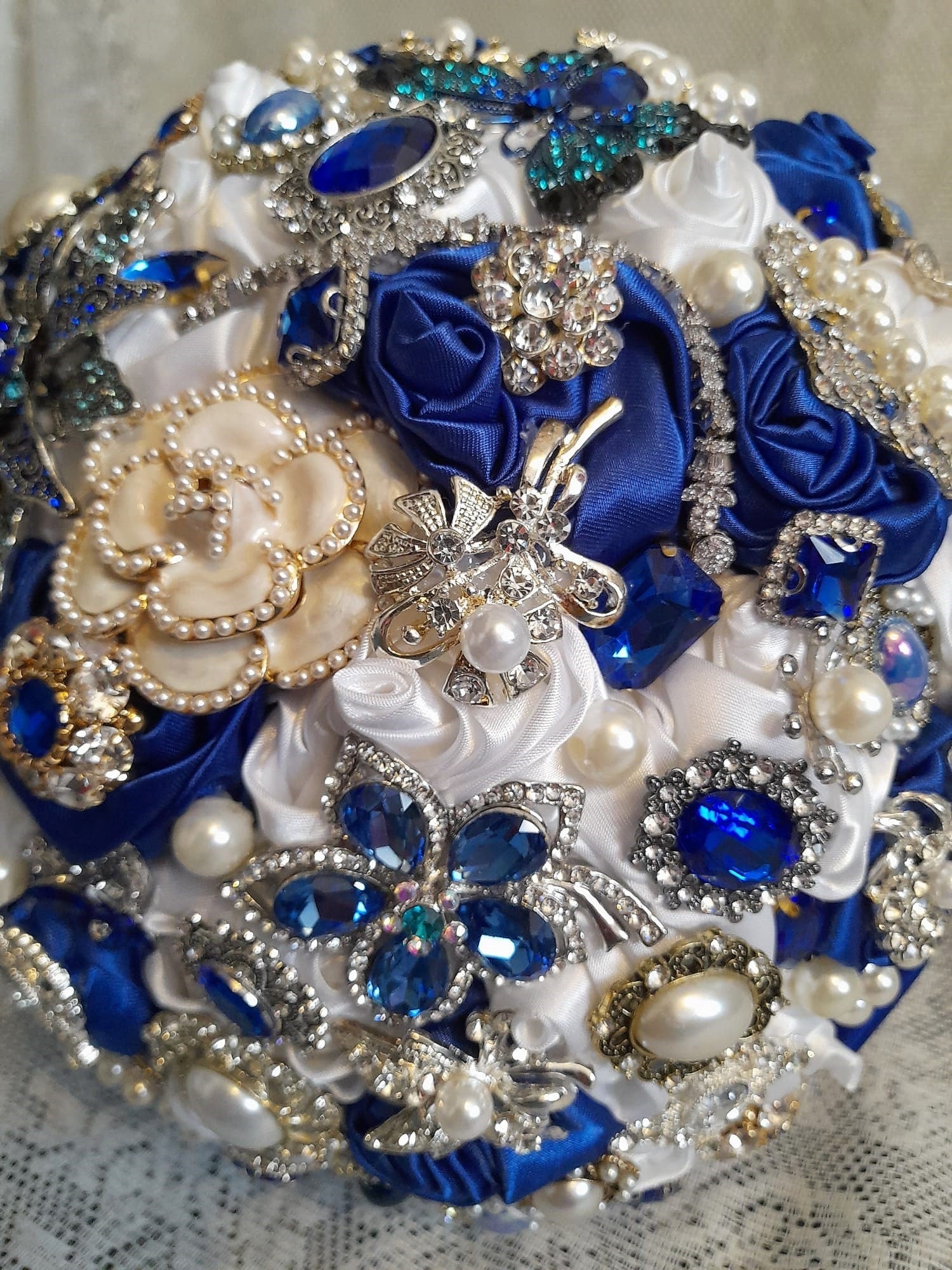 Royal Blue Brooch Wedding Bouquet: Something Blue Bridal Posy