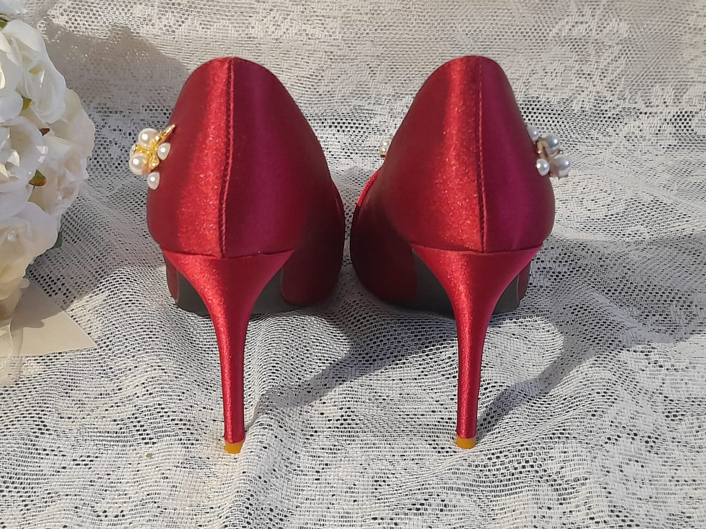 Red Wine Satin Evening Shoes,Wedding Footwear,Shoes For Bridesmaid