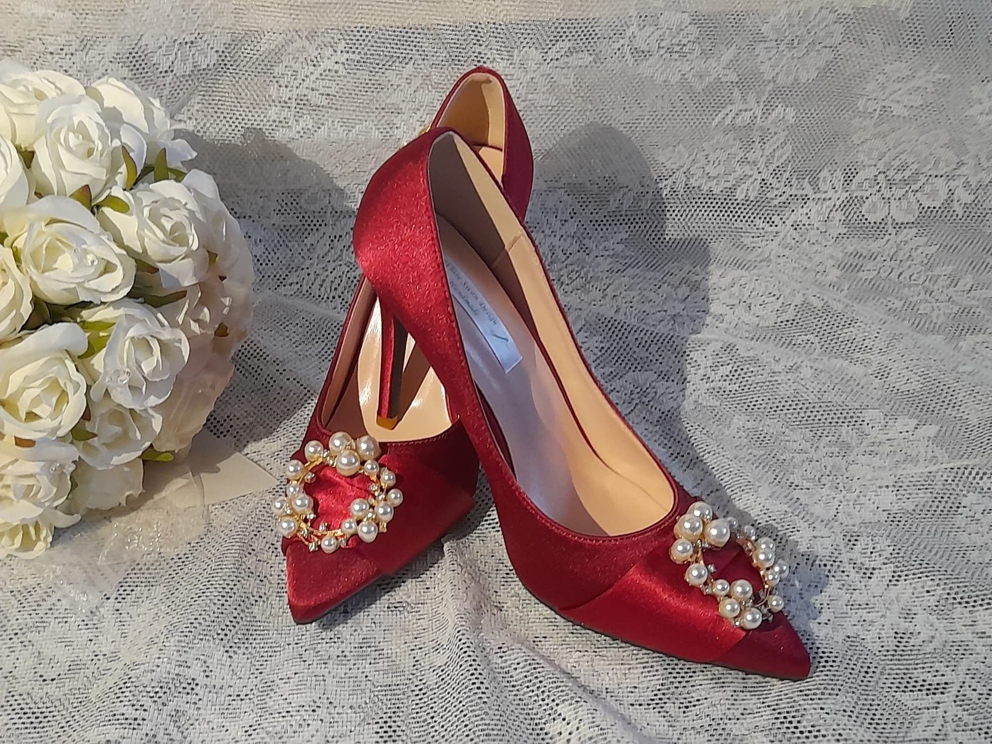 Red Wine Satin Evening Shoes,Wedding Footwear,Shoes For Bridesmaid