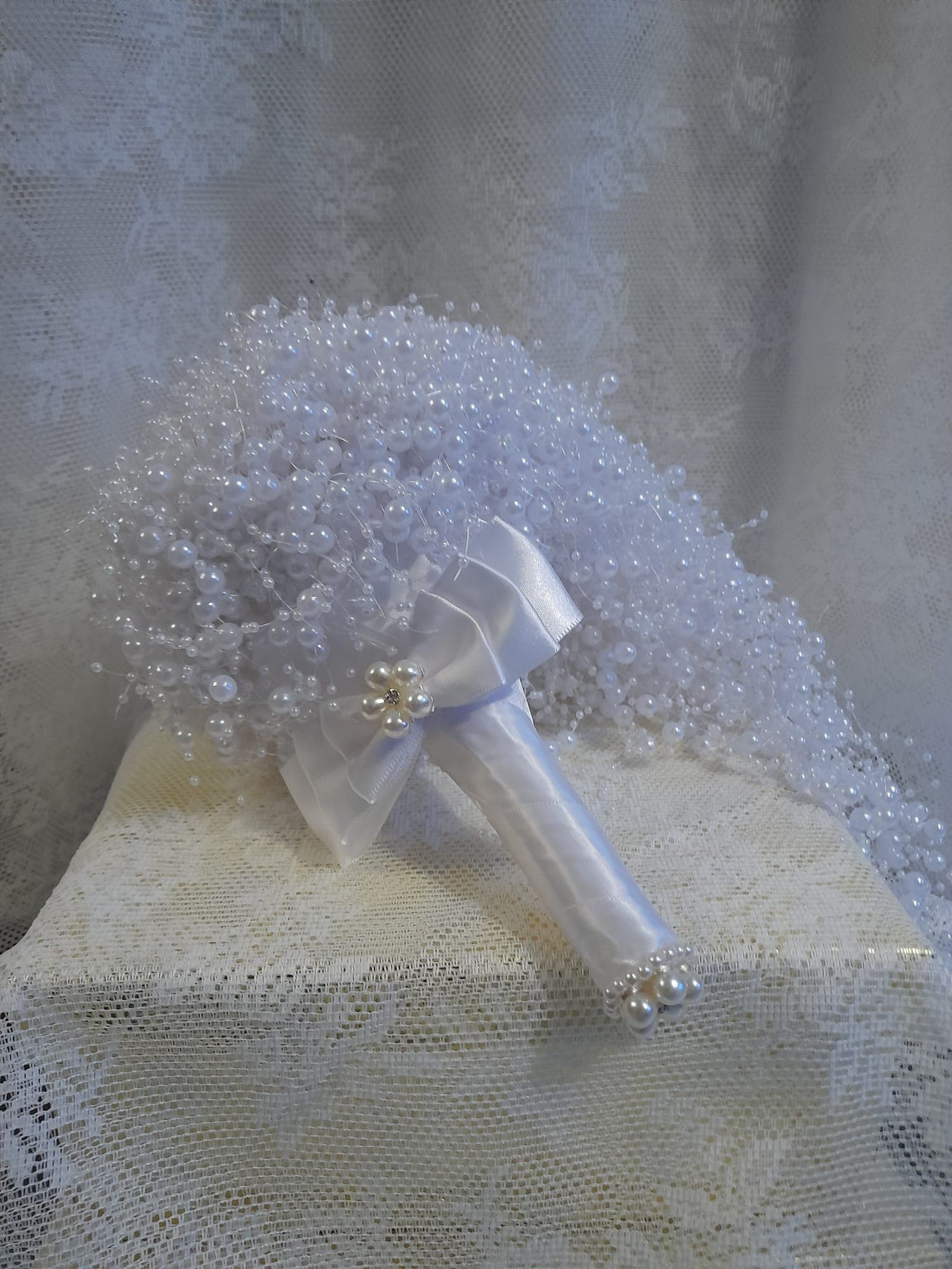 White Pearl Waterfall Bridal Bouquet,Cascading Wedding Keepsake