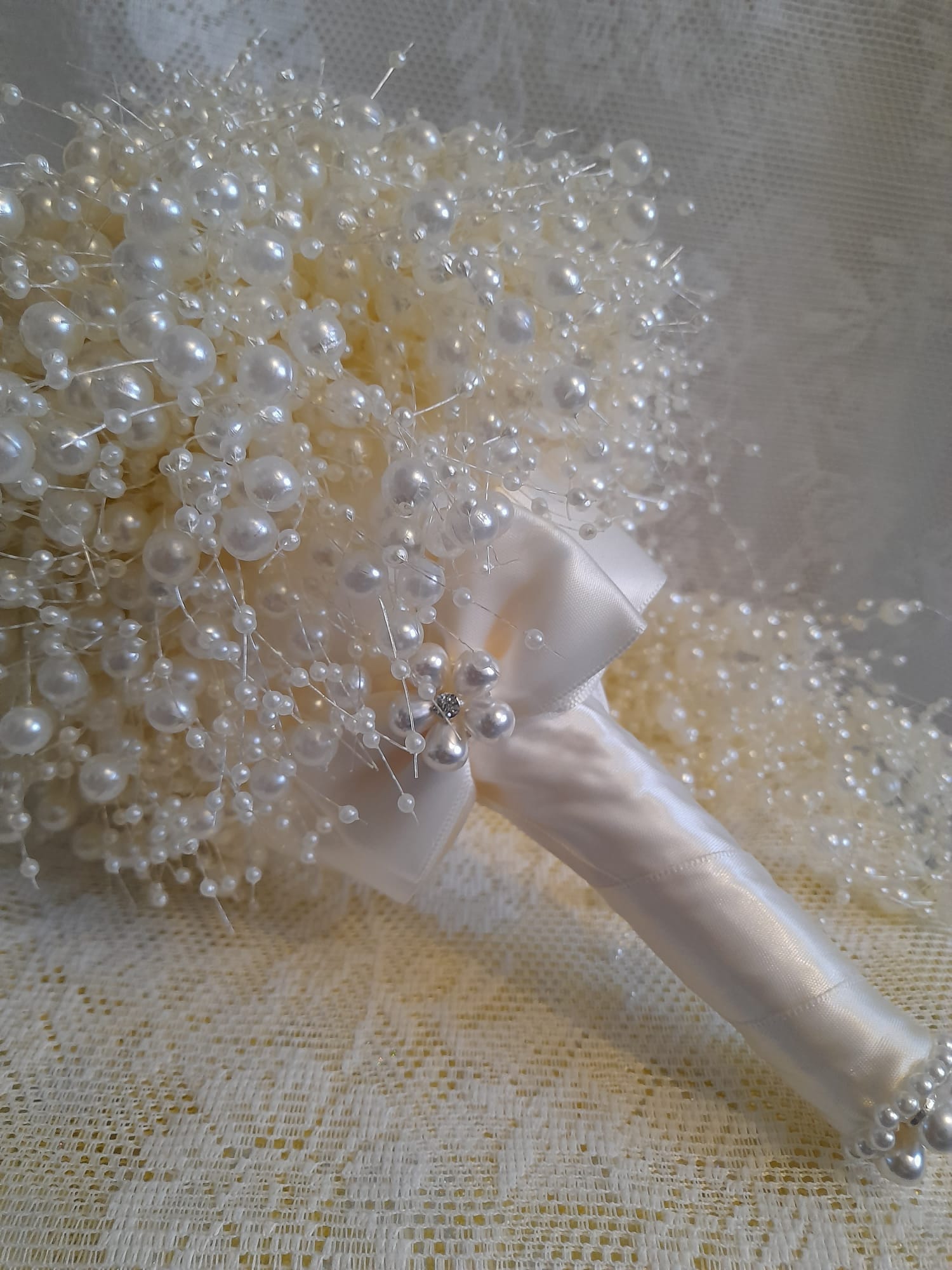Ivory Pearl Waterfall Bridal Bouquet With Satin Handle: Cascading Wedding Bouquet