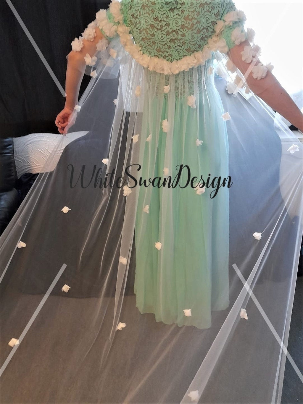 Off-White Wedding Cape Veil with 3D Flowers and Sleeves