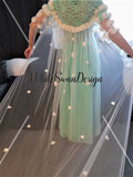 Off-White Wedding Cape Veil with 3D Flowers and Sleeves