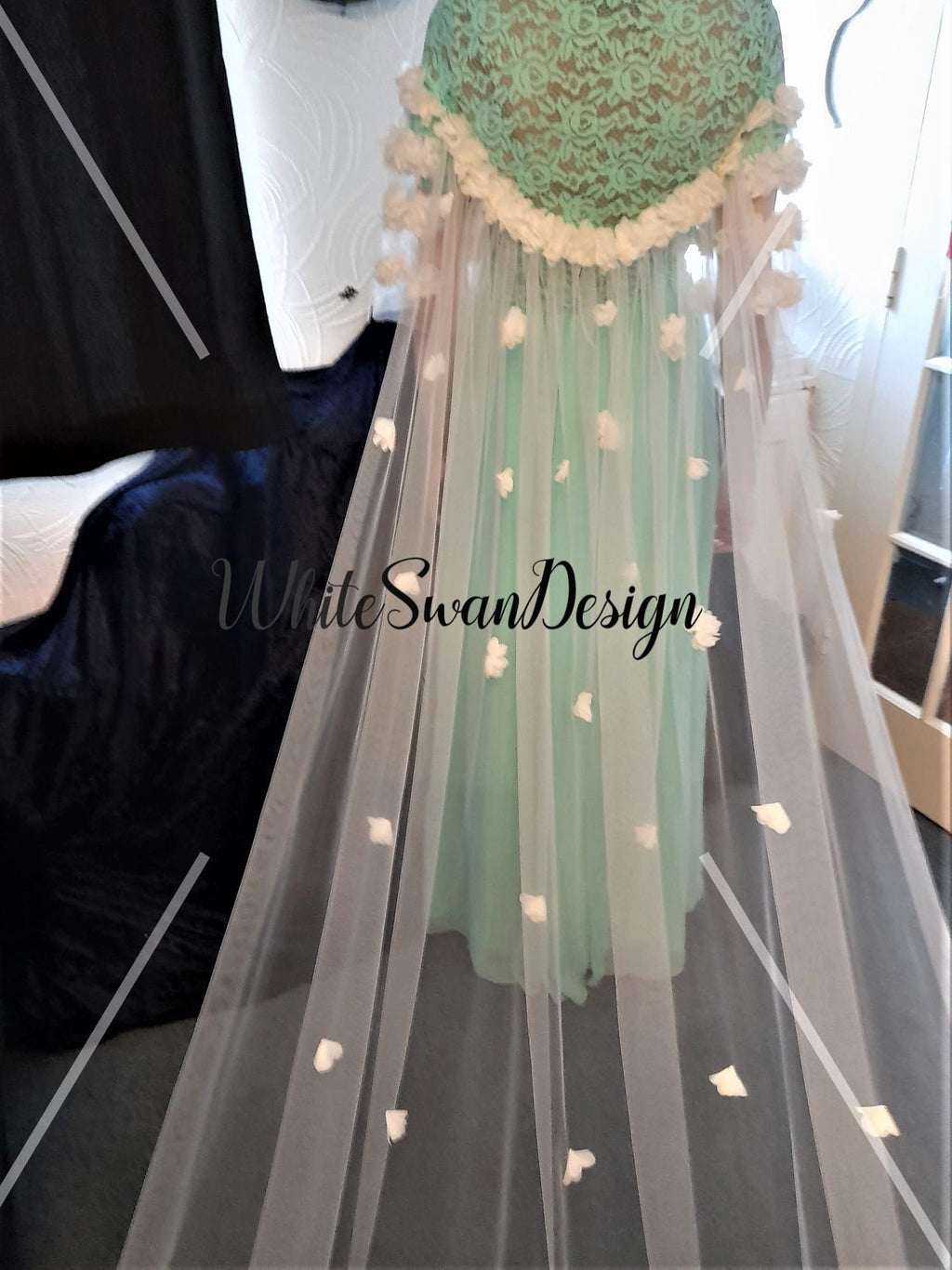 Off-White Wedding Cape Veil with 3D Flowers and Sleeves