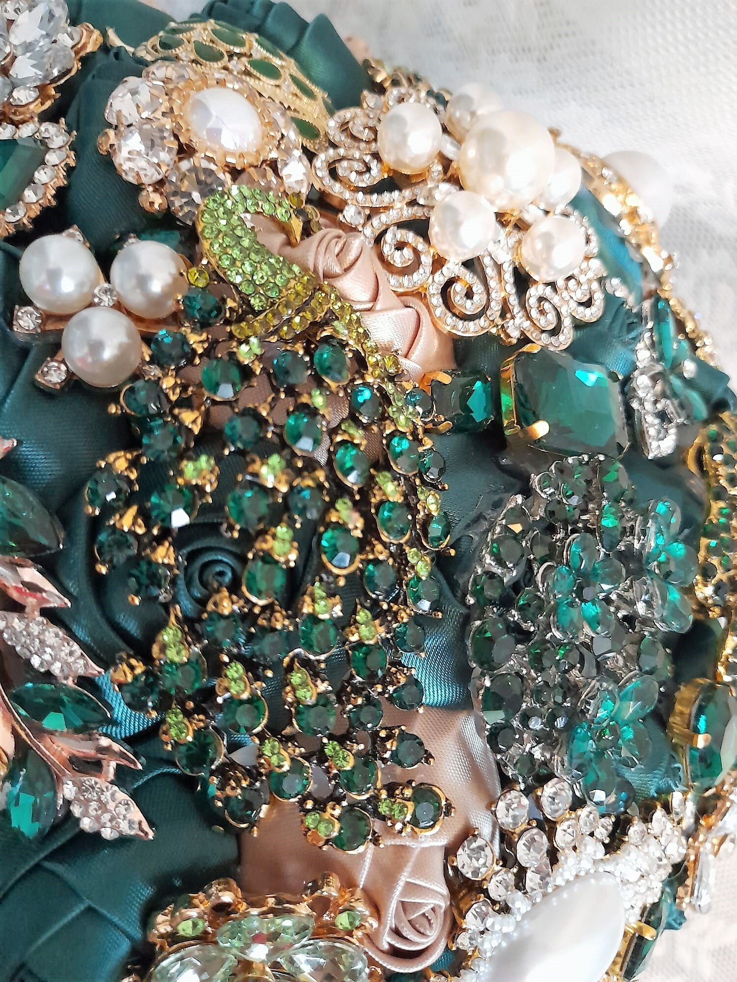Emerald Green Brooch Wedding Bouquet: Satin Rose Bridal Bouquet