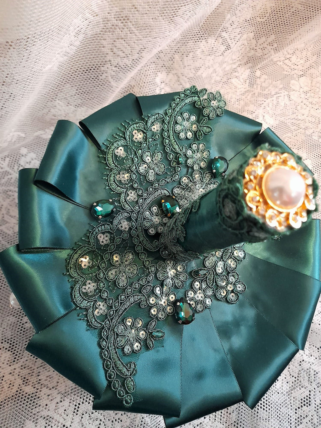Emerald Green Brooch Wedding Bouquet: Satin Rose Bridal Bouquet