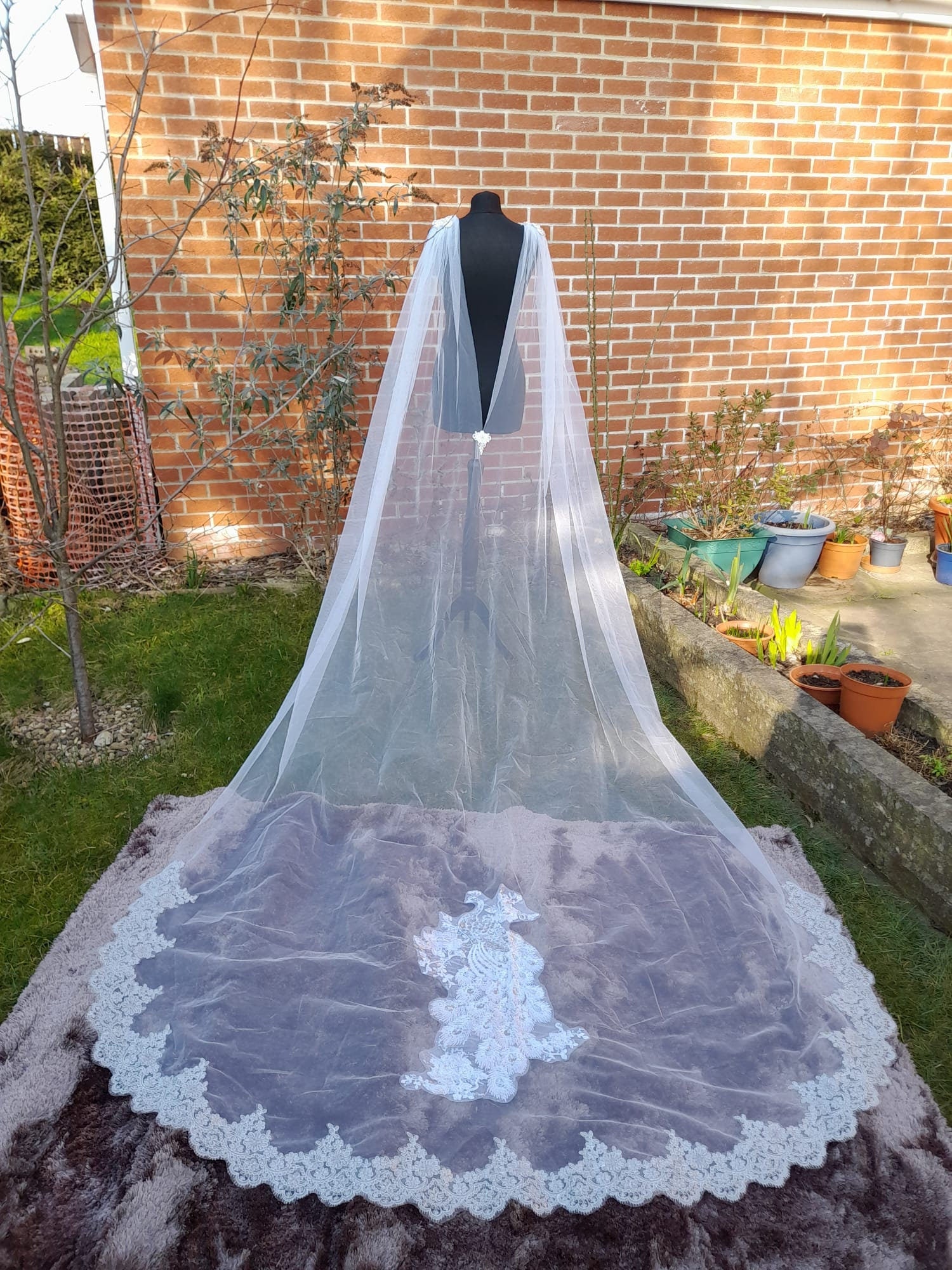 White Peacock Wedding Cape Veil: Cathedral Length Bridal Cloak