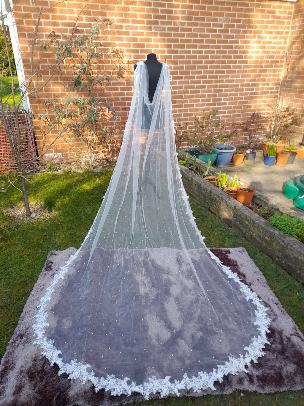 Graceful Wedding Cape Veil with Pearls and Cathedral Length