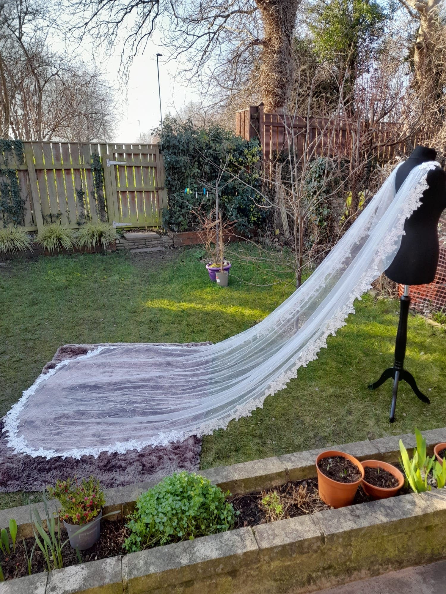 Graceful Wedding Cape Veil with Pearls and Cathedral Length