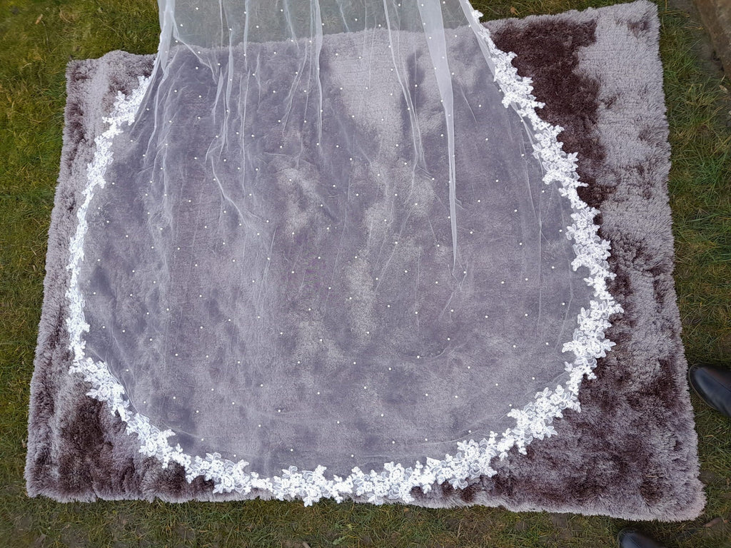 Graceful Wedding Cape Veil with Pearls and Cathedral Length
