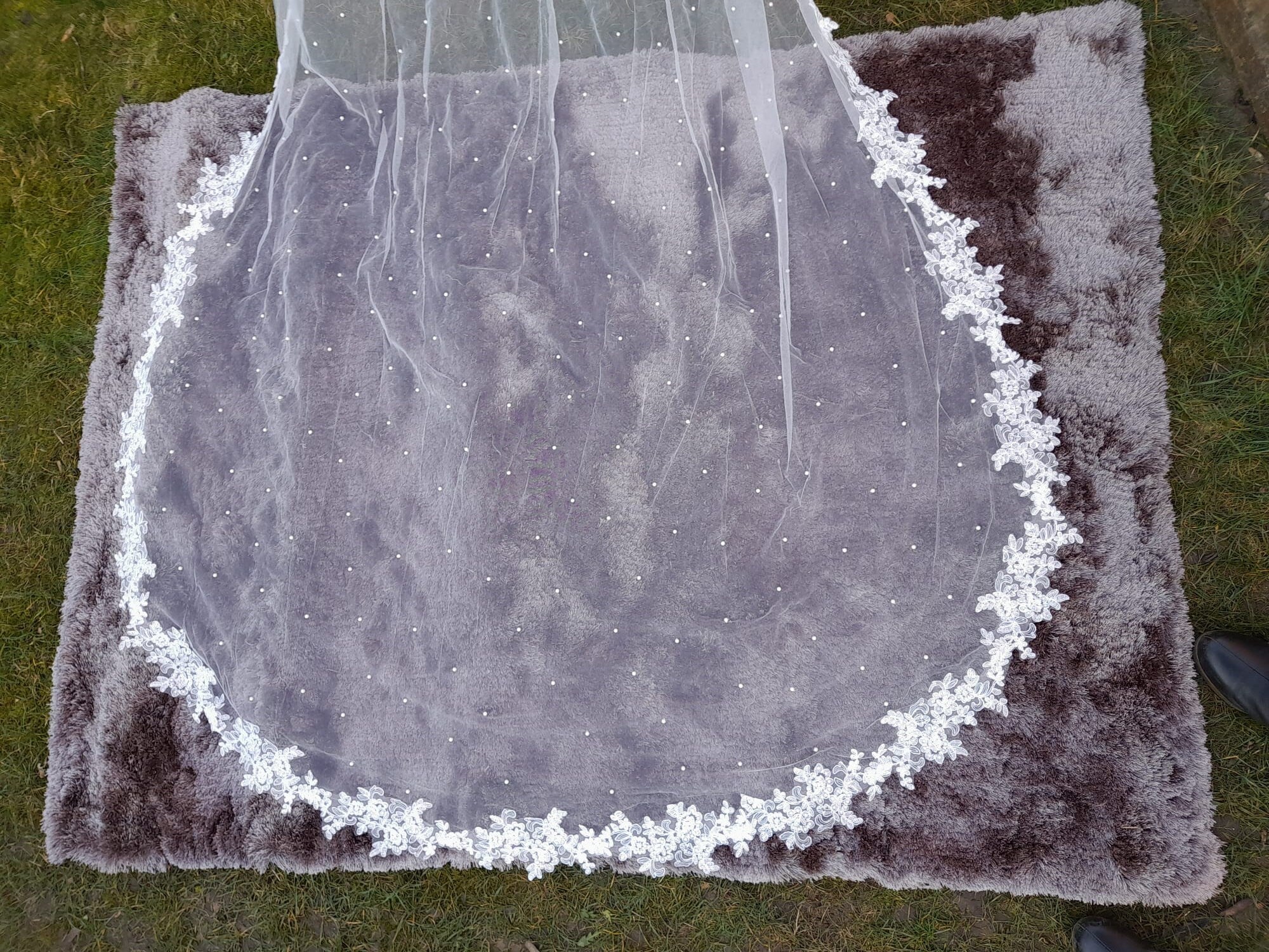 Graceful Wedding Cape Veil with Pearls and Cathedral Length
