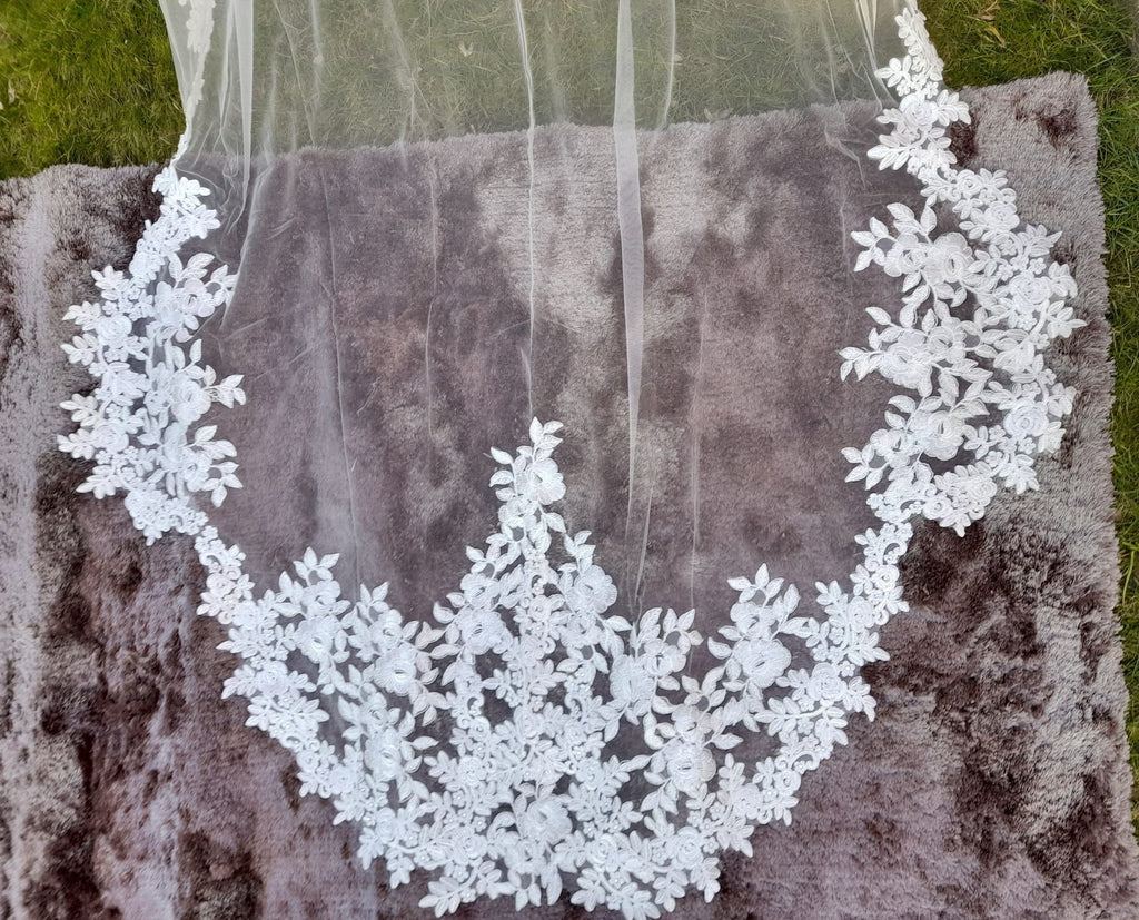 Ivory Cathedral Wedding Veil: Embroidered Bridal Veil with Comb