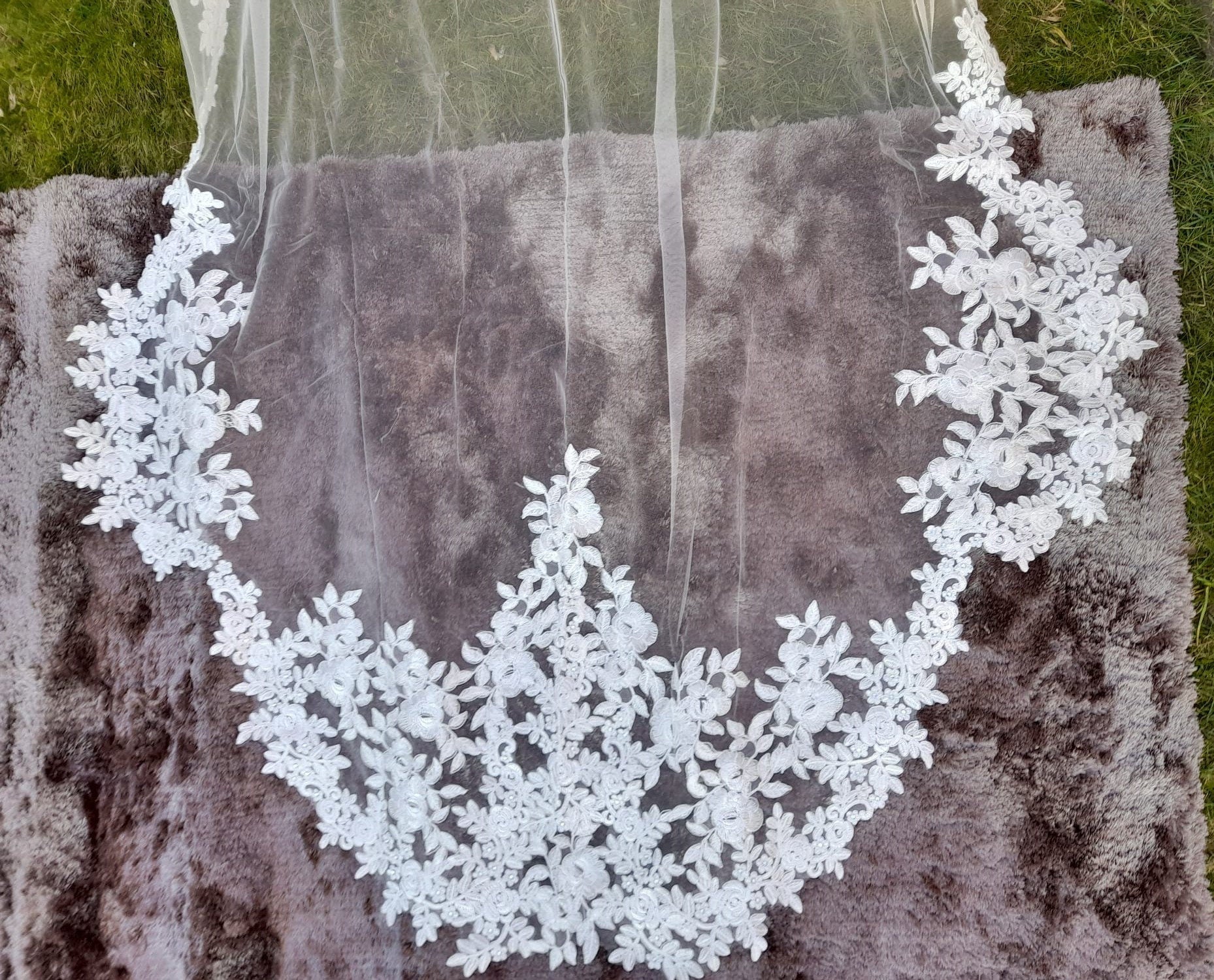 Ivory Cathedral Wedding Veil: Embroidered Bridal Veil with Comb