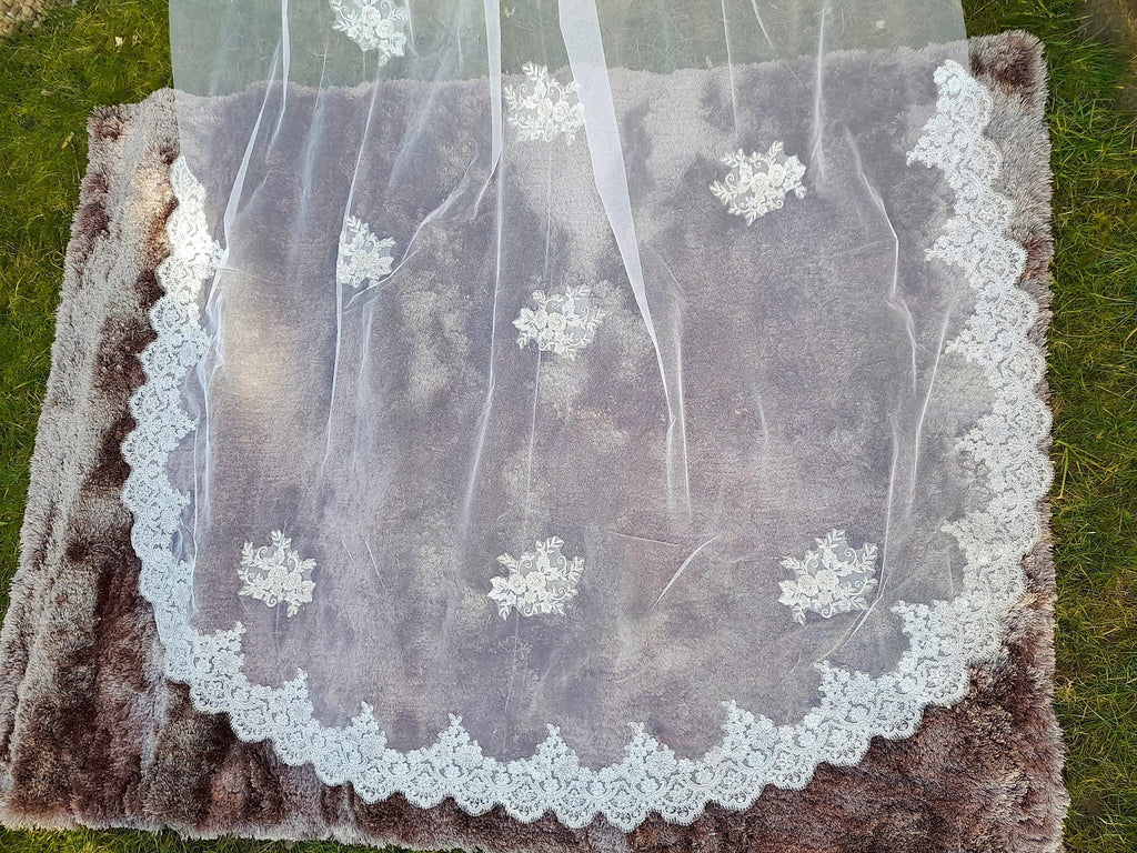 Off-White Cathedral Wedding Veil: Silver Applique, With Comb