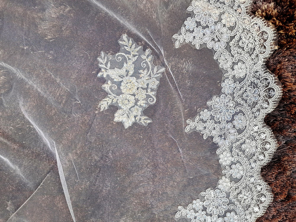 Off-White Cathedral Wedding Veil: Silver Applique, With Comb