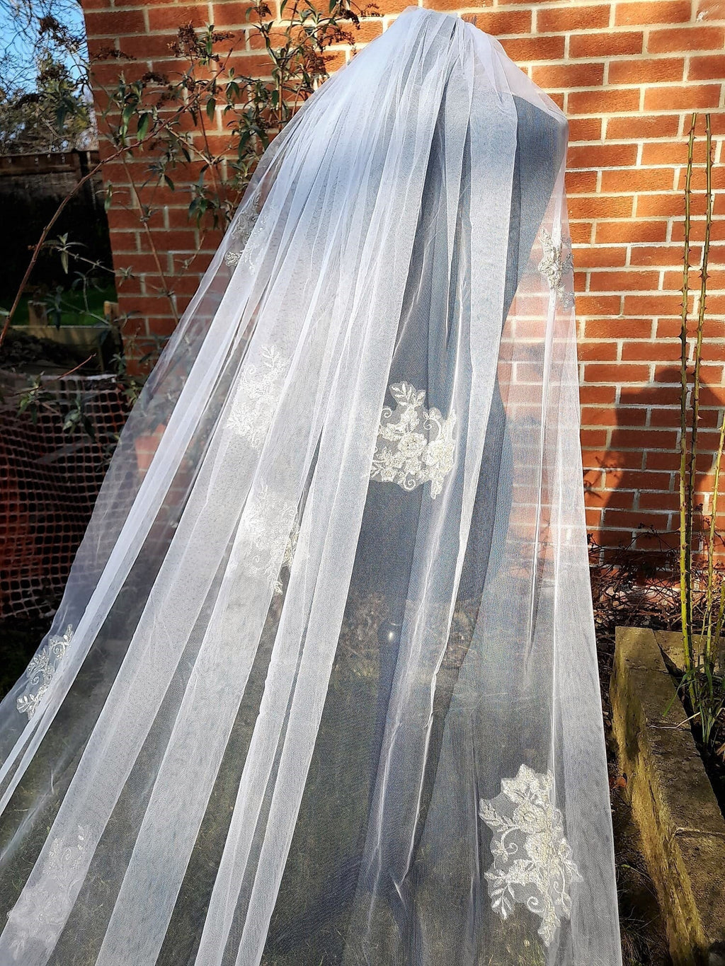 Off-White Cathedral Wedding Veil: Silver Applique, With Comb