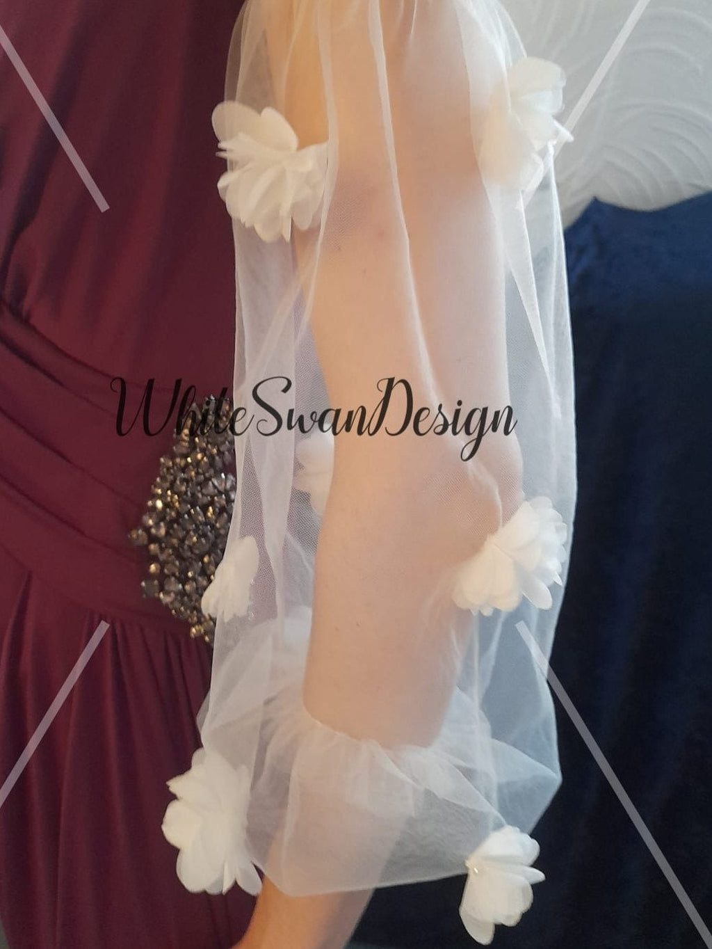 Off-White Tulle Wedding Dress Sleeves with 3D Flowers