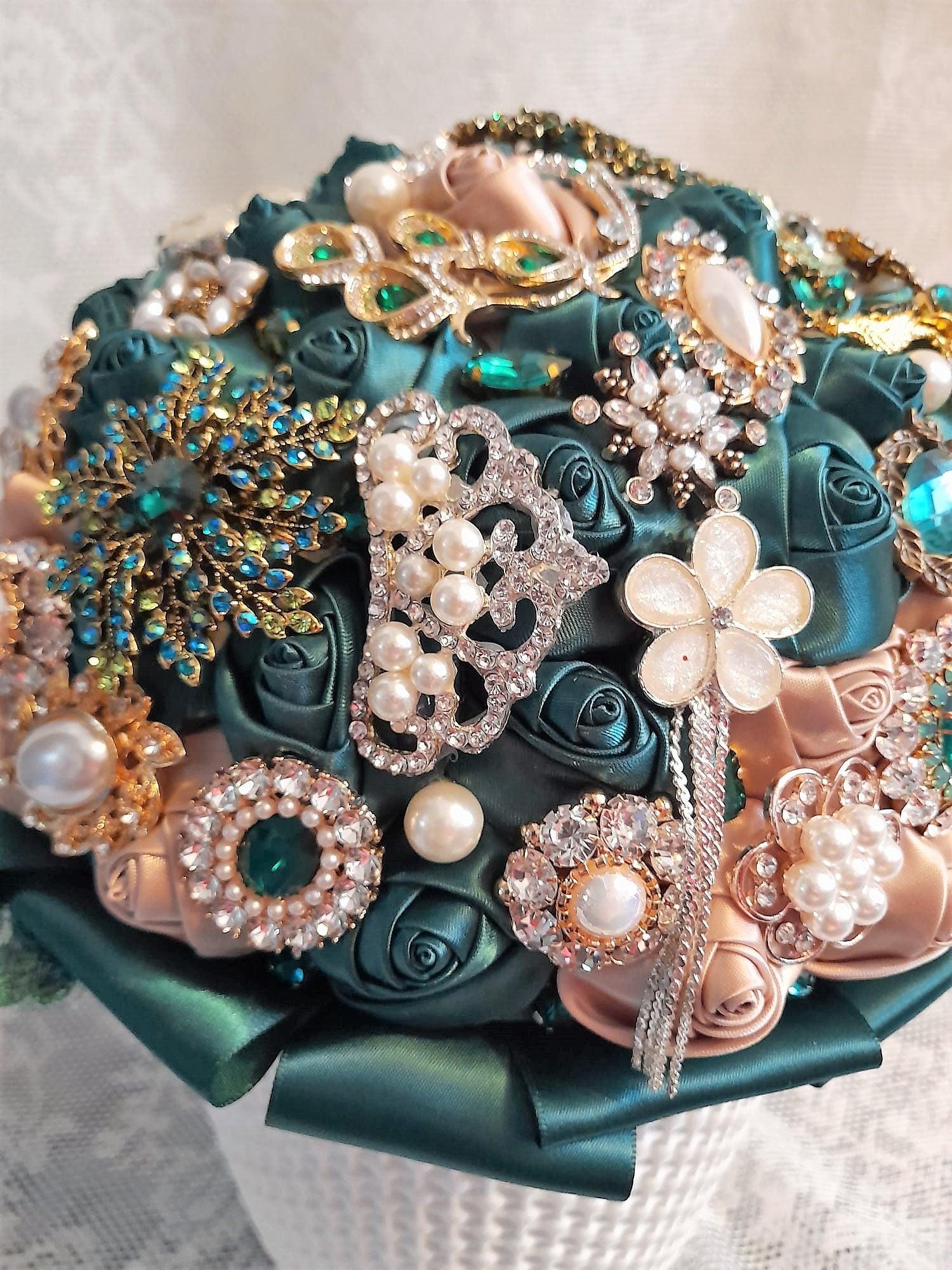 Emerald Green Brooch Wedding Bouquet: Satin Rose Bridal Bouquet