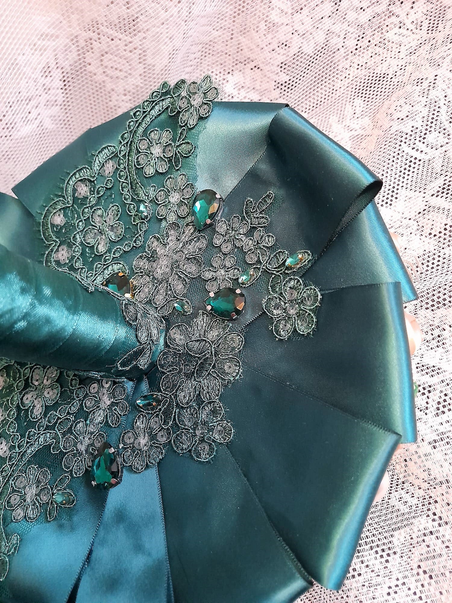 Emerald Green Brooch Wedding Bouquet: Satin Rose Bridal Bouquet