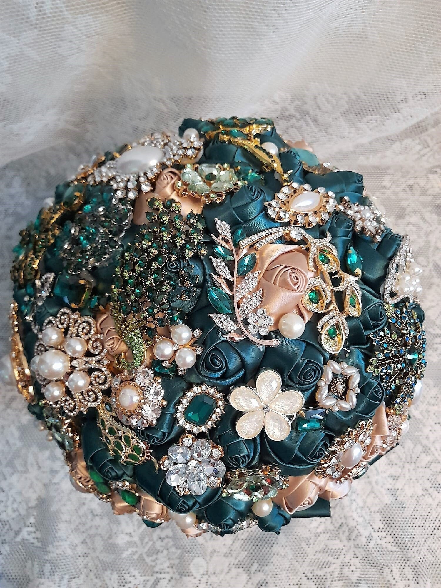 Emerald Green Brooch Wedding Bouquet: Satin Rose Bridal Bouquet