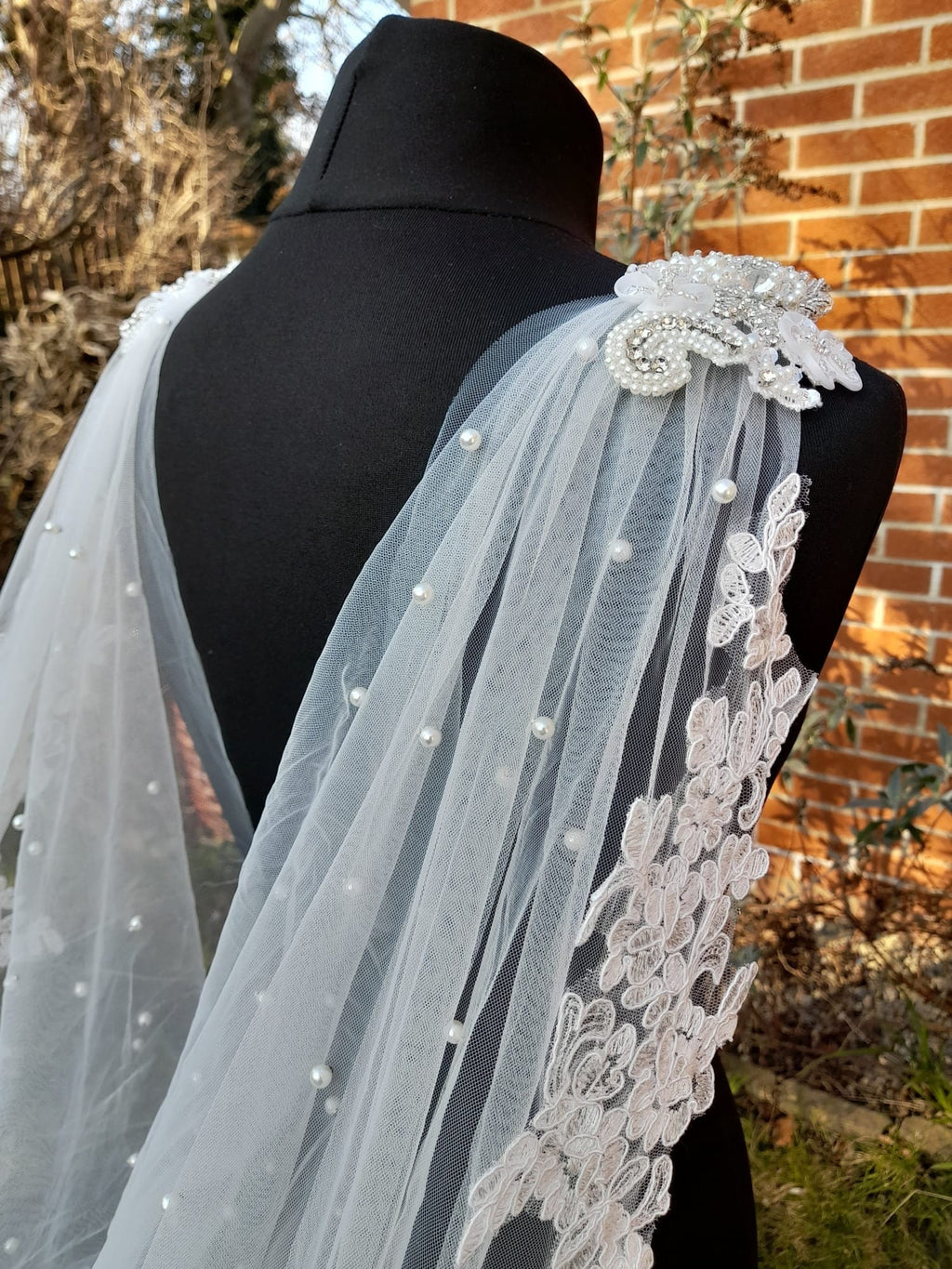 Graceful Wedding Cape Veil with Pearls and Cathedral Length
