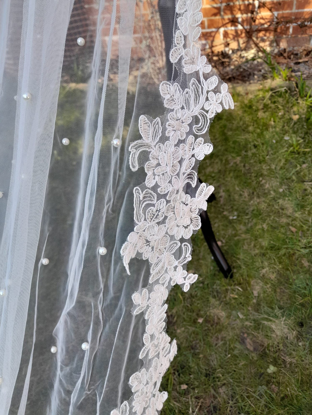 Graceful Wedding Cape Veil with Pearls and Cathedral Length